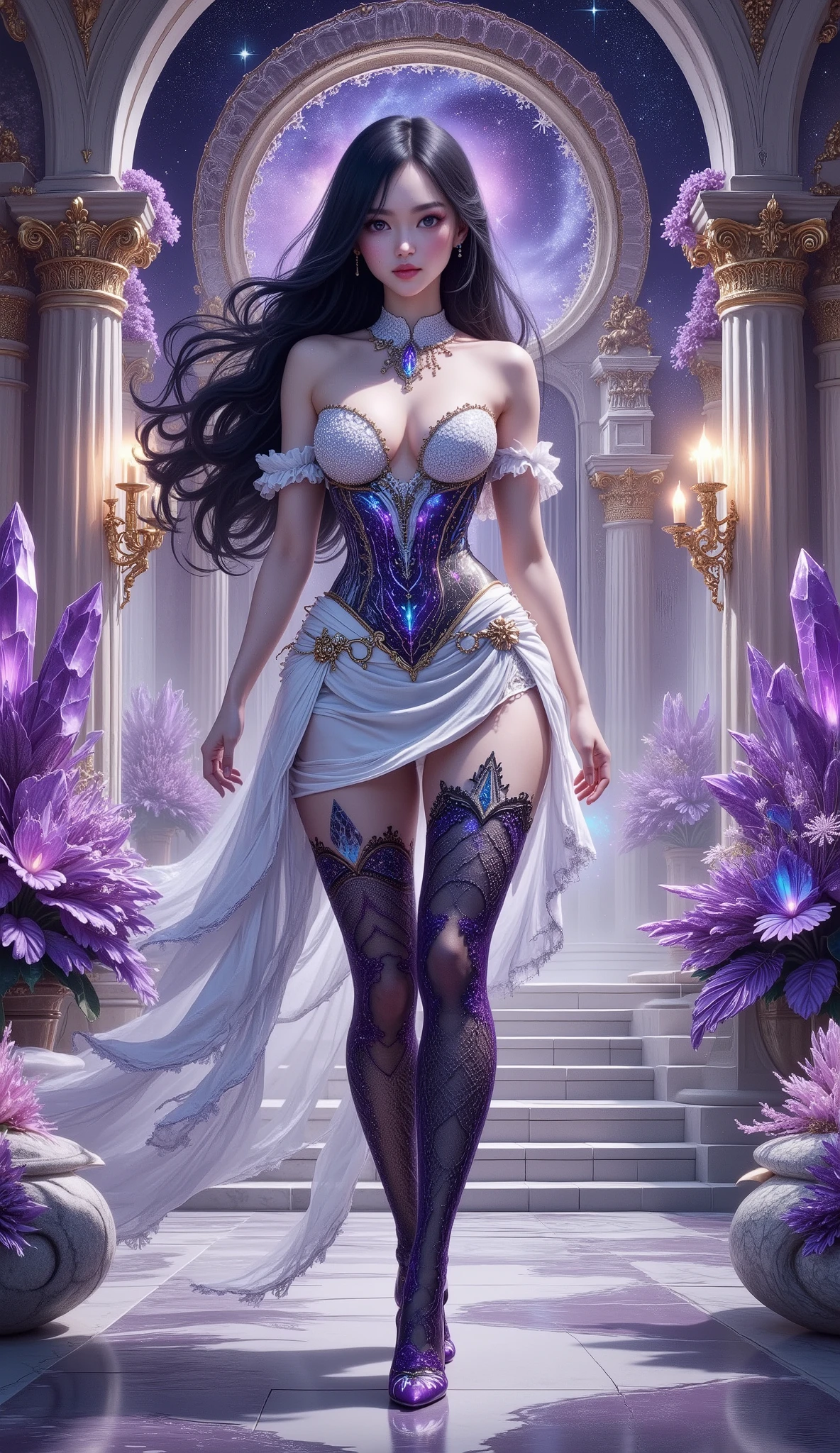 Shot on below, 4K, hyper detail, hyper detail clothing texture, 17-year-old young Asian girl with a cute face with sweet appearance and white skin, tall body, slim and small belly, wide waist, shiny body, shiny costume, long and sexy muscular legs, and giant breasts. wearing a white strapless V-cut corset with a deep cleavage galaxy motif that reveals her navel, shaped by very tight black diamonds with intricate details, a ruffled mini skirt and black nylon stockings with sexy high blue lace with scaly motifs, her stockings reach her crotch, she also wears very high heeled stilettos and high treads with straps, her purple high heels emit a shining light from her feet, reminiscent of a fantasy style. This work features intricate details, including sparkling blue gemstones and feather-like textures and flashes of blue light that adorn the tight corset, The shiny paint on the corset adds to the fantasy feel, while her long black hair flows in waves over her shoulders, walking on a large fantasy hall with wide marble stairs, shining purple crystals, flowering magical plants, and towering classical columns. A thin mist drifts across the landscape, illuminated by golden chandeliers. The color palette combines purple, silver, and white, creating a refined, elegant atmosphere beneath the starry sky..