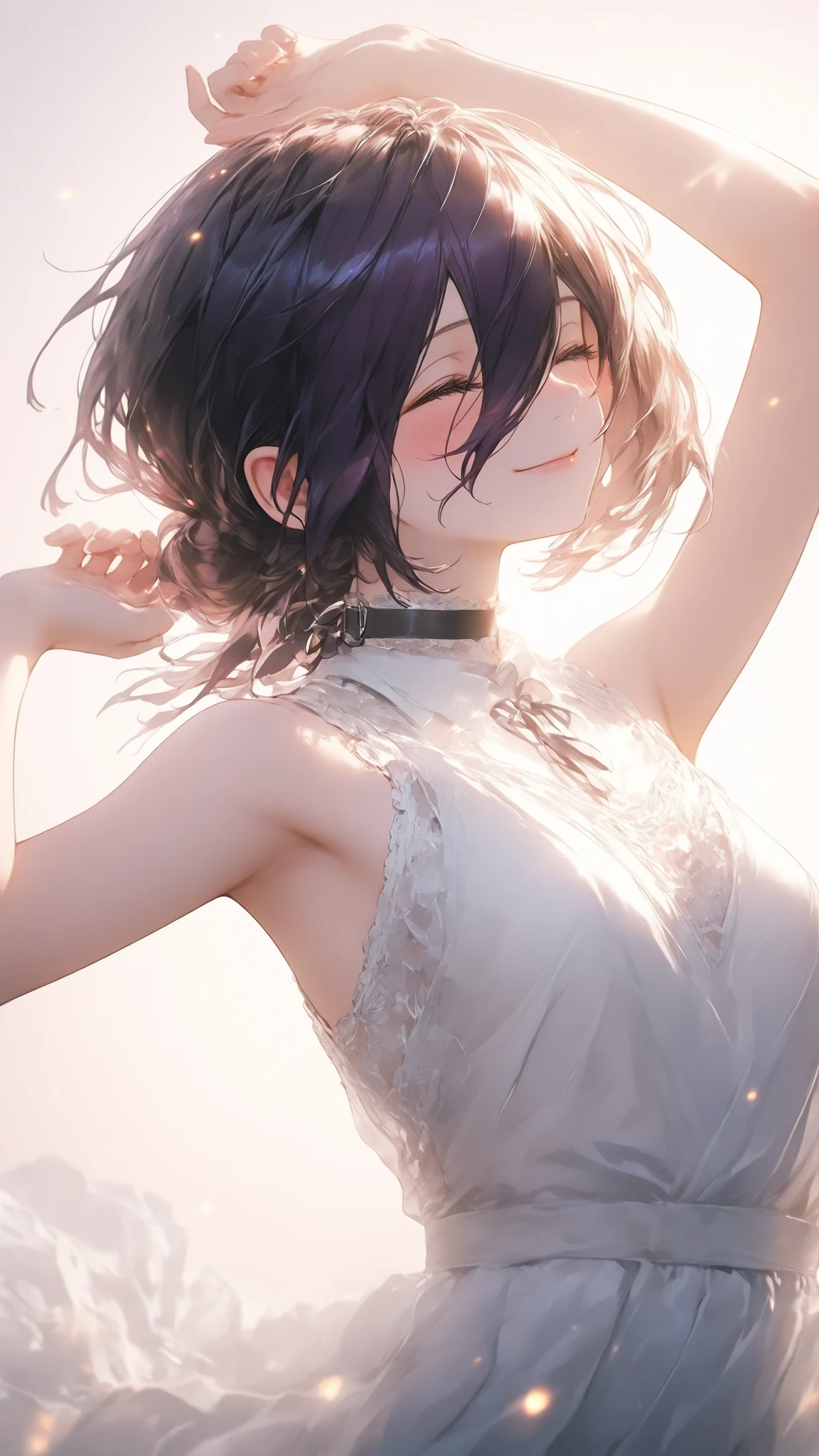 ultra high definition,1girl,reze,closed eyes,closed mouth,Smile,Blush,Blush,white lace dress,arm above head,warm light background,Floating on your back in the air,fantastic atmosphere,mysterious sight,Cinematic Lighting,Brilliant Light,light particle