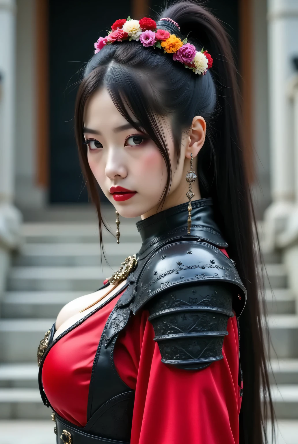 Side view, from side, upper-body, close-up. Tiara of colorful flowers.
Elaborate red and black armor, gothic style, detailed shoulder armor.
She is a beautiful Japanese woman, looks like a intimidating dominatrix, looking at viewer.
Light red lips.
Long hair in a low ponytail, high-end earrings, detailed jewelry.
In front of the great gate of the palace, concrete wall, concrete stairs, oncrete pillar.
Best quality, masterpiece.