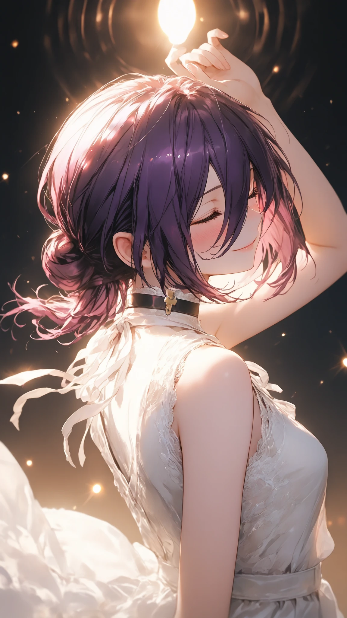 ultra high definition,1girl,reze,closed eyes,closed mouth,Smile,Blush,Blush,white lace dress,arm above head,warm light background,Floating on your back in the air,fantastic atmosphere,mysterious sight,Cinematic Lighting,Brilliant Light,light particle