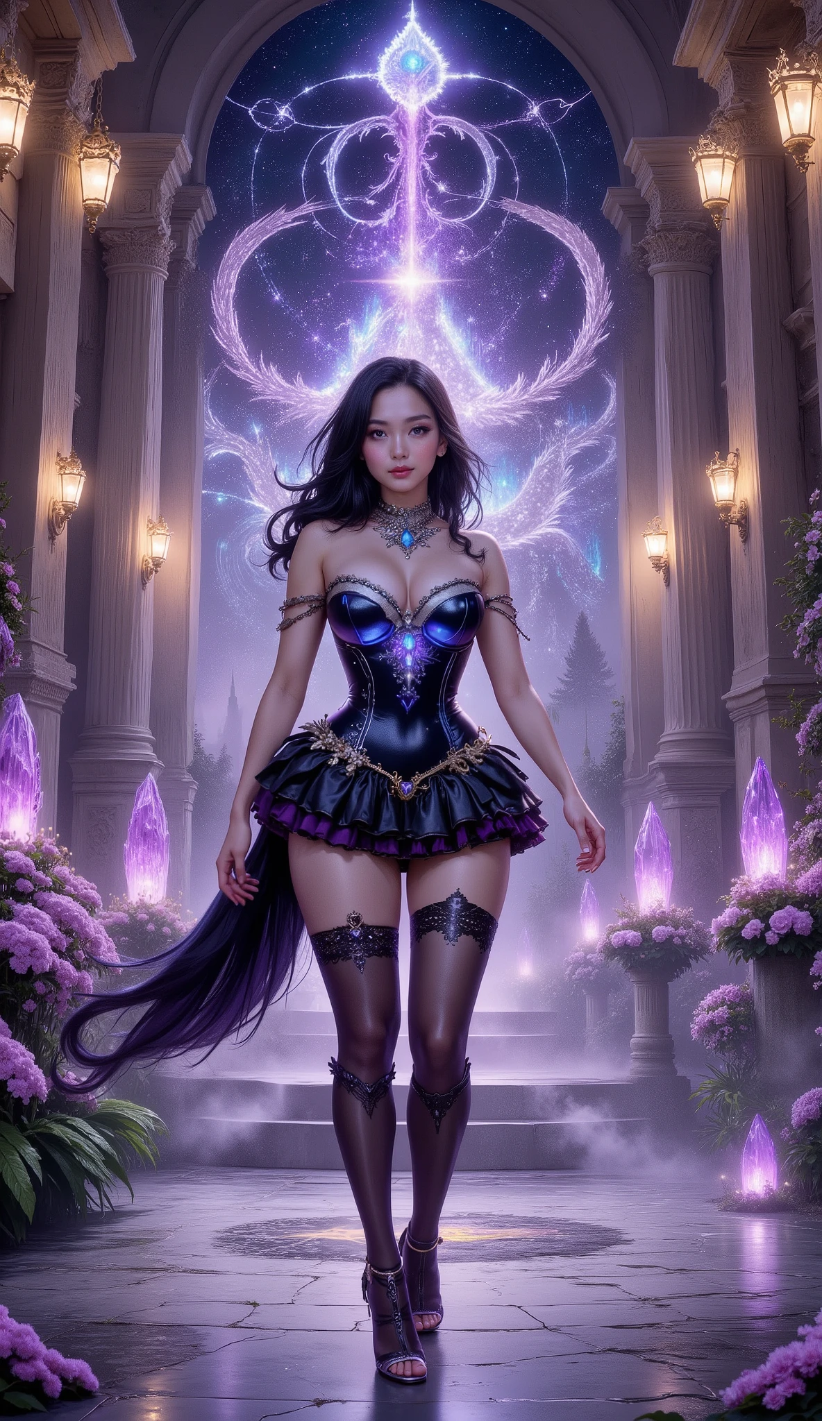 Shot on below, 4K, hyper detail, hyper detail clothing texture, 17-year-old young Asian girl with a cute face with sweet appearance and white skin, tall body, slim and small belly, wide waist, shiny body, shiny costume, long and sexy muscular legs, and giant breasts. wearing a black strapless V-cut corset with a deep cleavage galaxy motif that reveals her navel, shaped by very tight black diamonds with intricate details, a ruffled micro mini skirt and black nylon stockings with sexy high blue lace with scaly motifs, her stockings reach her crotch, she also wears very high heeled stilettos and high treads with straps, her purple high heels emit a shining light from her feet, reminiscent of a fantasy style. This work features intricate details, including sparkling blue gemstones and feather-like textures and flashes of blue light that adorn the tight corset, The shiny paint on the corset adds to the fantasy feel, while her long black hair flows in waves over her shoulders, walking on a large fantasy hall with wide marble stairs, shining purple crystals, flowering magical plants, and towering classical columns. A thin mist drifts across the landscape, illuminated by golden chandeliers. The color palette combines purple, silver, and white, creating a refined, elegant atmosphere beneath the starry sky..