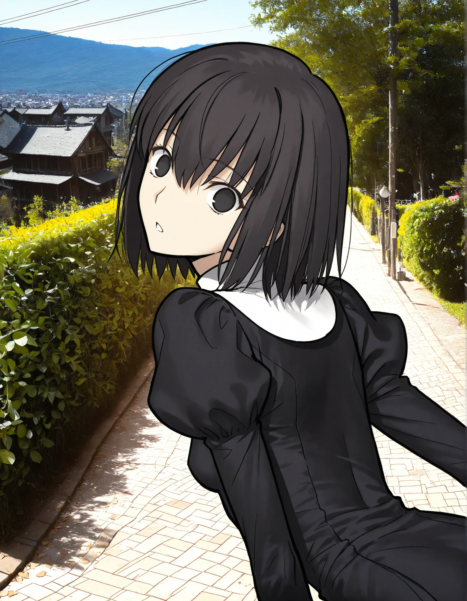masterpiece, , absurdres, highres, detailed background, high resolution, necessary, detail, best quality, quality, details, High details, Precise, 8k, (flat color),outdoor,(photo background) , from side, upper body shot,(leaning forward),
1girl, solo, (type-moon,) style, koyama hirokazu style, (aged up:1.2) ,standig, (),(head tilt),(), wide-eyed,
tall girl, ,long arms,(slim body, ),<lora:alice kuonji:1> , <lora:witch on the holy night style:1> ,kuonji alice ,black hair ,short hair ,hair between eyes ,black eyes, , (no pupil), , Alice_Uniform, black dress, long sleeves, juliet sleeves, habit, ,looking at viewer, small breasts, ,