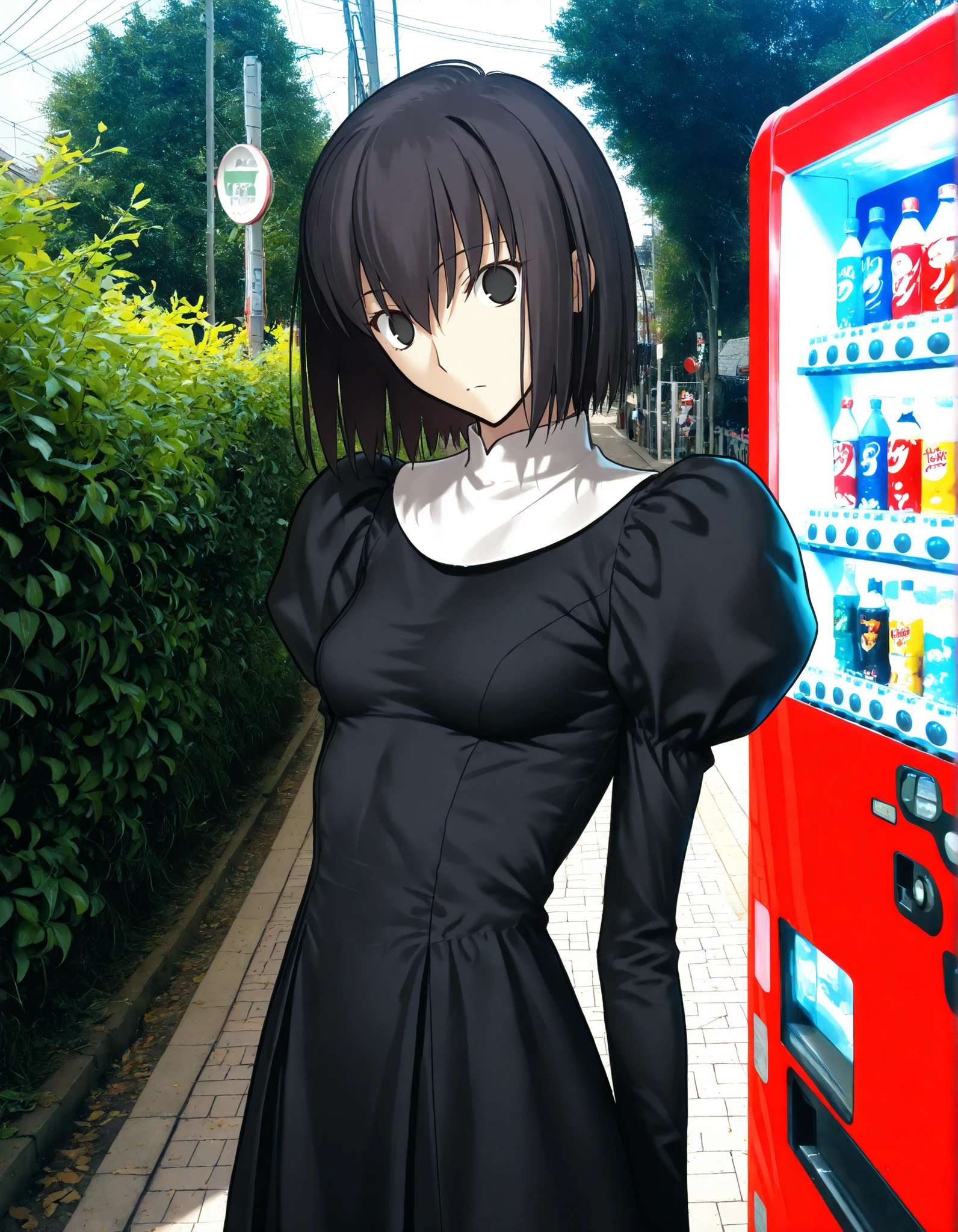 masterpiece, , absurdres, highres, detailed background, high resolution, necessary, detail, best quality, quality, details, High details, Precise, 8k, (flat color),outdoor,(photo background) , from side, cowboy shot,(vending machine),
1girl, solo, (type-moon,) style, koyama hirokazu style, (aged up:1.2) ,standig, (),(head tilt),(), wide-eyed,
tall girl, ,long arms,(slim body, ),<lora:alice kuonji:1> , <lora:witch on the holy night style:1> ,kuonji alice ,black hair ,short hair ,hair between eyes ,black eyes, , (no pupil), , Alice_Uniform, black dress, long sleeves, juliet sleeves, habit, ,looking at viewer, small breasts, ,