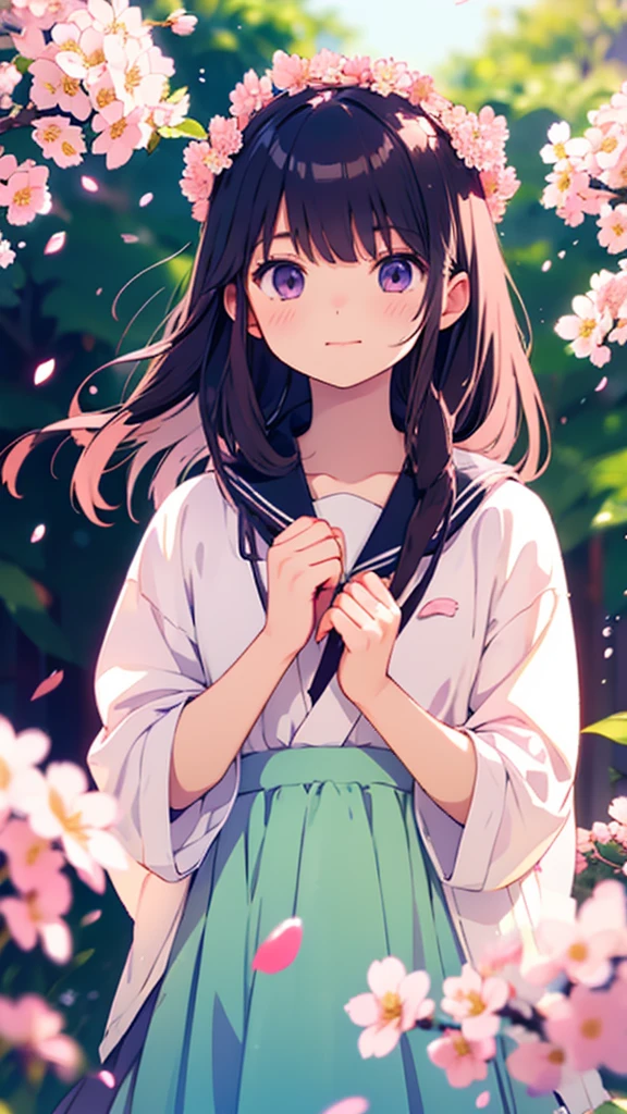 MASTERPIECE, best quality, high quality, extremely detailed, very delicate and beautiful, (1 female 18 years old solo: 1.2), (long black hair, two-side up to waist: 1.4), fringes to eyebrows, eyes. (eyes sharp, strong glossy glossy eyes, eyebrows glossy, (eye colour magenta: 1.3), 6.5 head tall, (shirt: 1.3), skirt, knee socks, lace, (melancholy expression), (hands folded),(Standing ), (dynamic pose), (background hydrangea garden: 1.3), (rain: 1.3), (upper body:1.3)