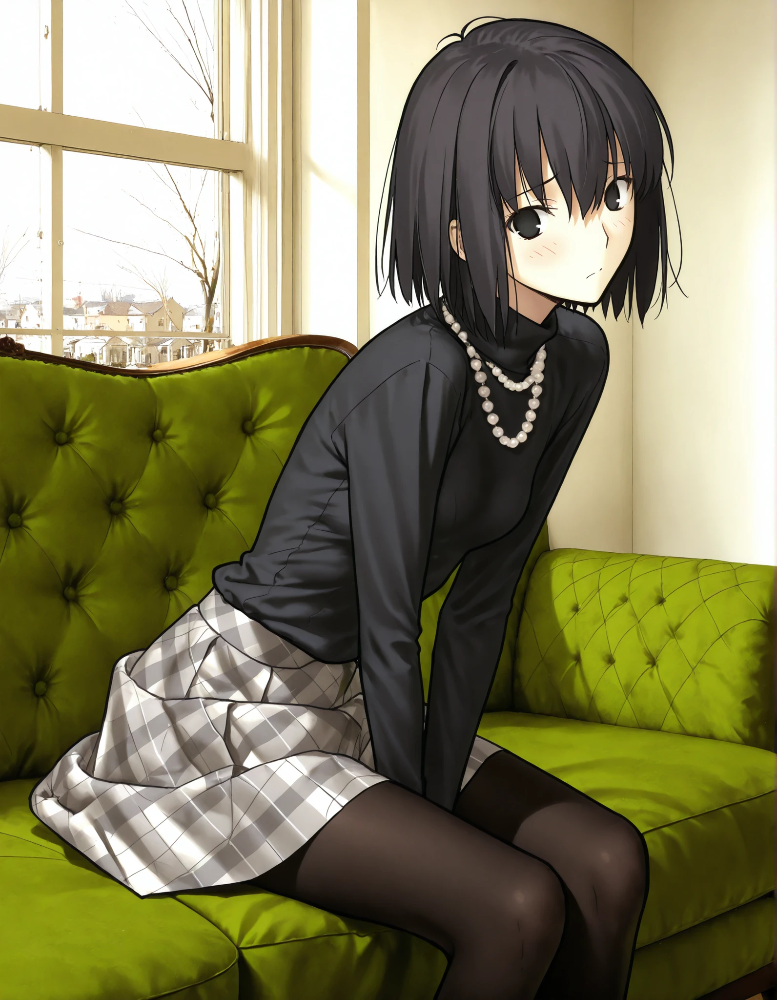 masterpiece, , absurdres, highres, detailed background, high resolution, necessary, detail, best quality, quality, details, High details, Precise, 8k, (flat color),(indoor) ,photo background,((white light,)), room, from side, ,(leaning forward),
1girl, solo, (type-moon,) style, koyama hirokazu style, (aged up:1.2) ,, (sitting on green sofa),(head tilt),(), light embarrassed,
tall girl, ,long arms,(slim body, ),<lora:alice kuonji:1> , <lora:witch on the holy night style:1> ,kuonji alice ,black hair ,short hair ,hair between eyes ,black eyes, , (no pupil), , Alice_Casual, black sweater, turtleneck, pearl necklace, grey plaid skirt, check skirt, black pantyhose, ,looking at viewer, small breasts, skirt lift,