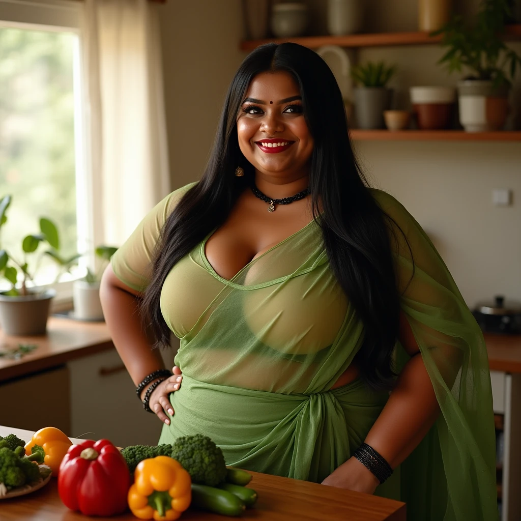 Sri lankan aunty 42 years old curvy body sexy figure fat body hairbun wearing flower pattern tight bodycon dress at kitchen sweating 