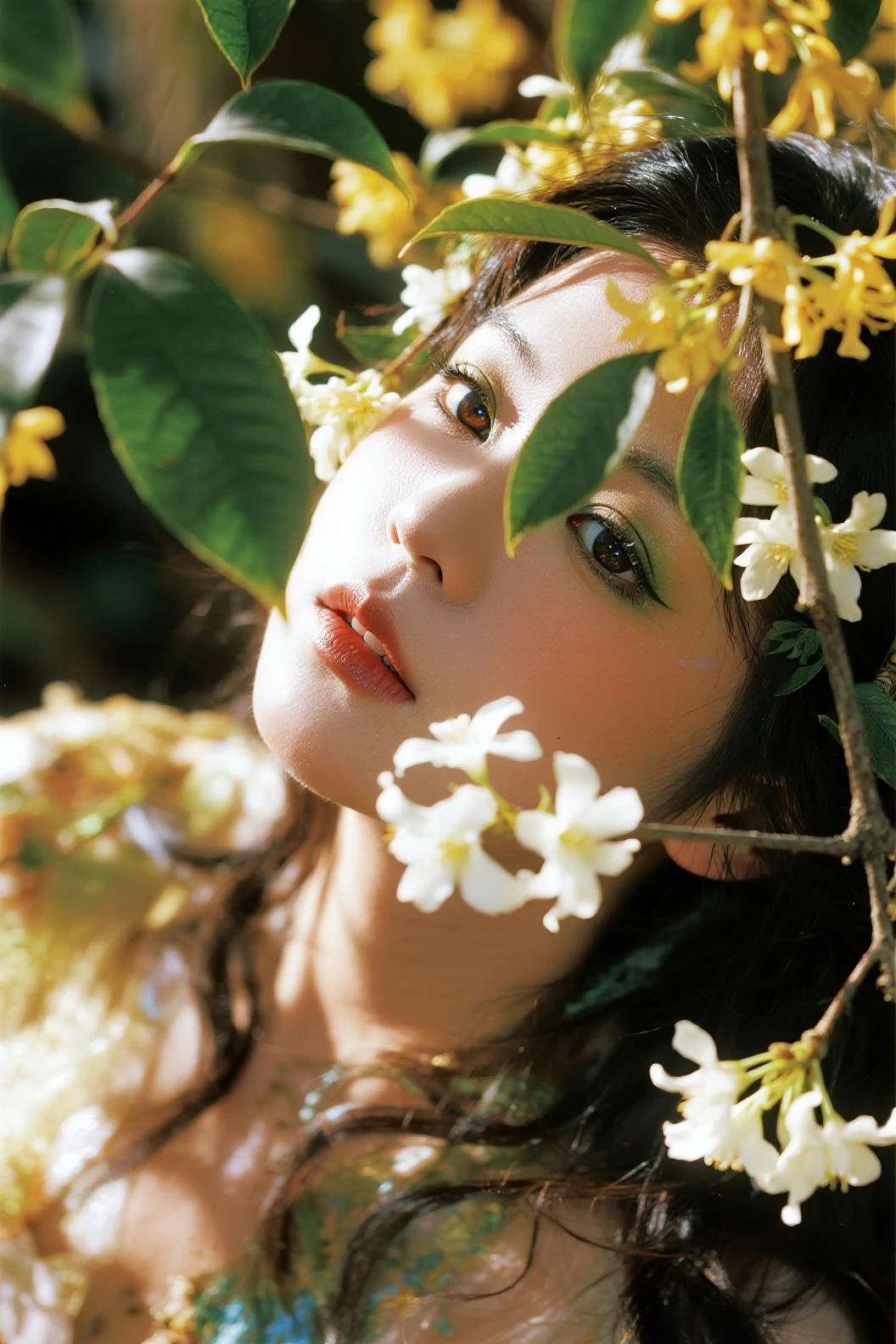 {top-quality}, {{masterpiece}}, {extremely delicate and beautiful},Outstanding light and shadow, highly detailed wallpaper,Clear and bright sunlight,1girl in,、gaze looking beyond,red blush,Strong sunshine,delicate and messy hair,realistic skin textures, Pronounced pores and skin wrinkles,tropical rainforest,((strong light shines on the face)), full body shot, portrait, photography, detailed armpit, pubic hair, shiny , coffee shop