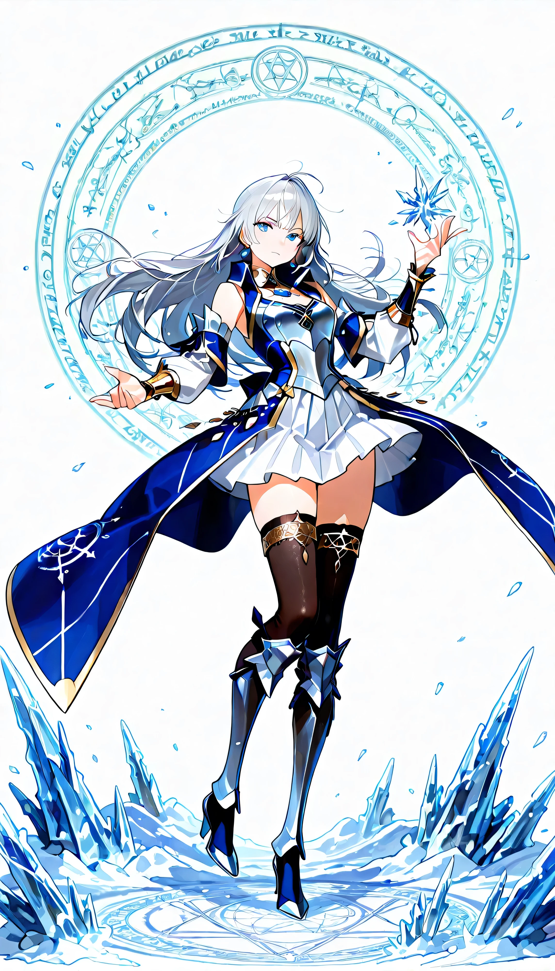 Intricate artistic frame with UR logo on the top left, white background, 1girl, solo, masterpiece, female knight theme, beautiful woman with long silver hair, blue-streak on her hair, blue eyes and silky hair, hair down, white chest plate, wearing white knightly attire, long blue coatail, white skirt, decorated with golden details on her outfit, sleeveless coat (clothing cutout), sleeveless jacket (clothing cutout), she also wears white bridal sleeves that hugs her hands (upper arms) tightly, fantasy-styled ornate wrist guard, black stockings underneath shin guards, armored high heels, standing, highly detailed, anime illustration, add golden intricate details on her overall outfit, action pose, ice, icicles, magic circle, outfit's collar