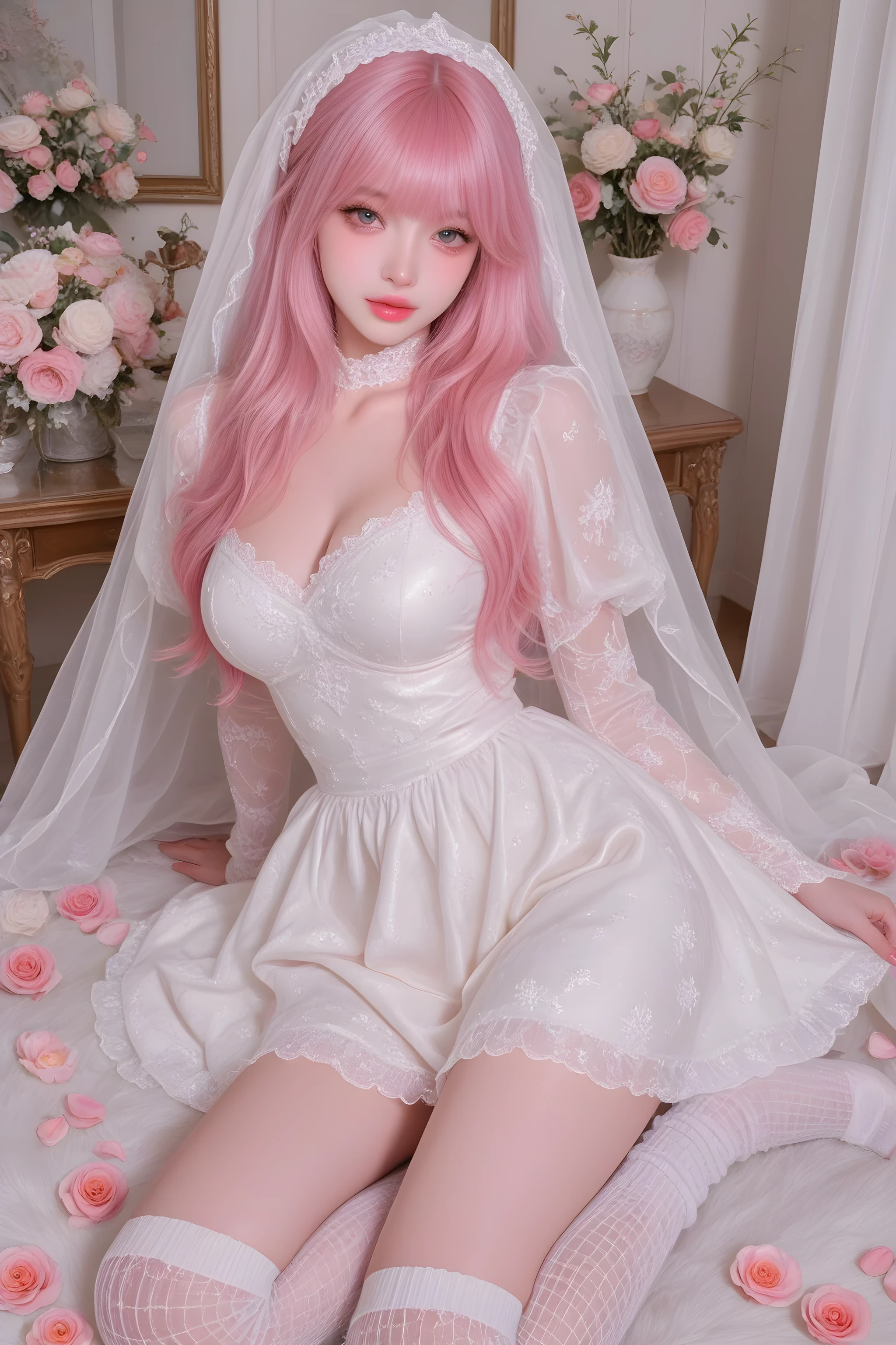 A Caucasian girl with pink hair,in a dress,Full breasts ,Glossy white mesh socks with pedals,show details。