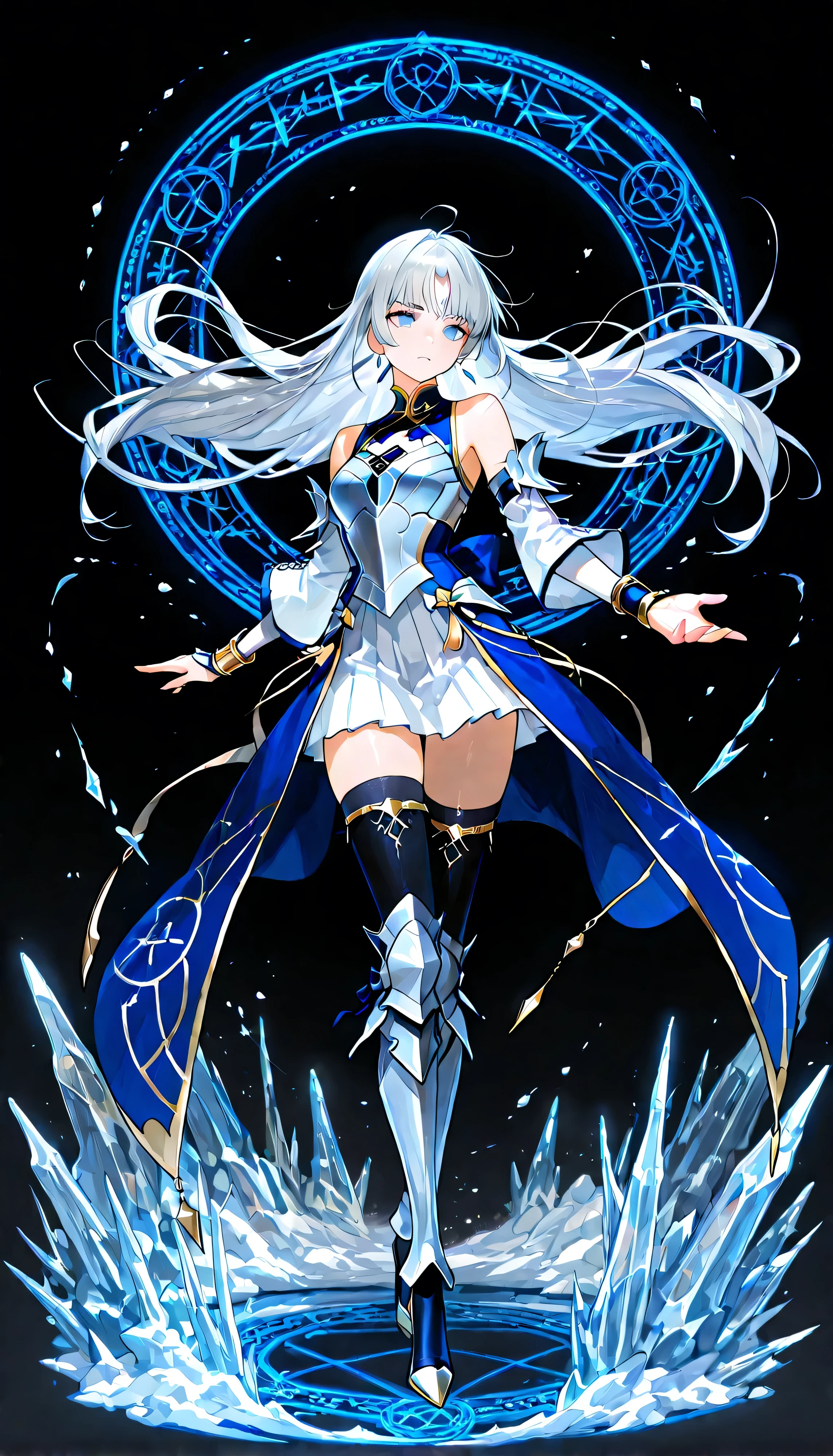 black background, 1girl, solo, masterpiece, female knight theme, beautiful woman with long silver hair, blue-streak on her hair, blue eyes and silky hair, hair down, white chest plate, wearing white knightly attire, long blue coatail, white skirt, decorated with golden details on her outfit, sleeveless coat (clothing cutout), sleeveless jacket (clothing cutout), she also wears white bridal sleeves that hugs her hands (upper arms) tightly, fantasy-styled ornate wrist guard, black stockings underneath shin guards, armored high heels, standing, highly detailed, anime illustration, add golden intricate details on her overall outfit, action pose, ice, icicles, magic circle, outfit's collar