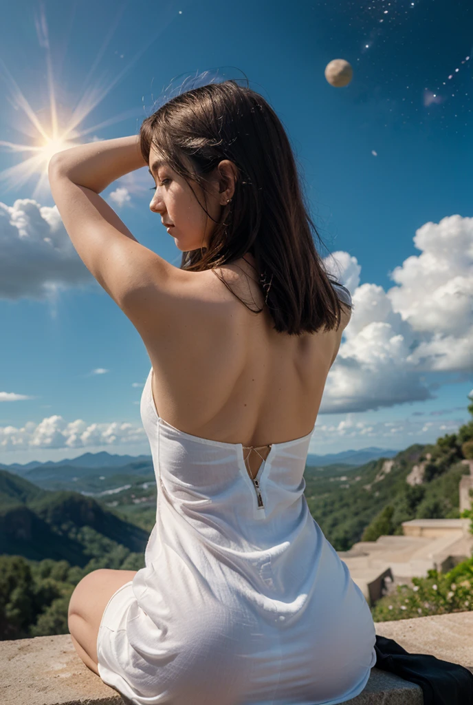 She stands on a cliff, her summer-colored skirt fluttering in the wind.