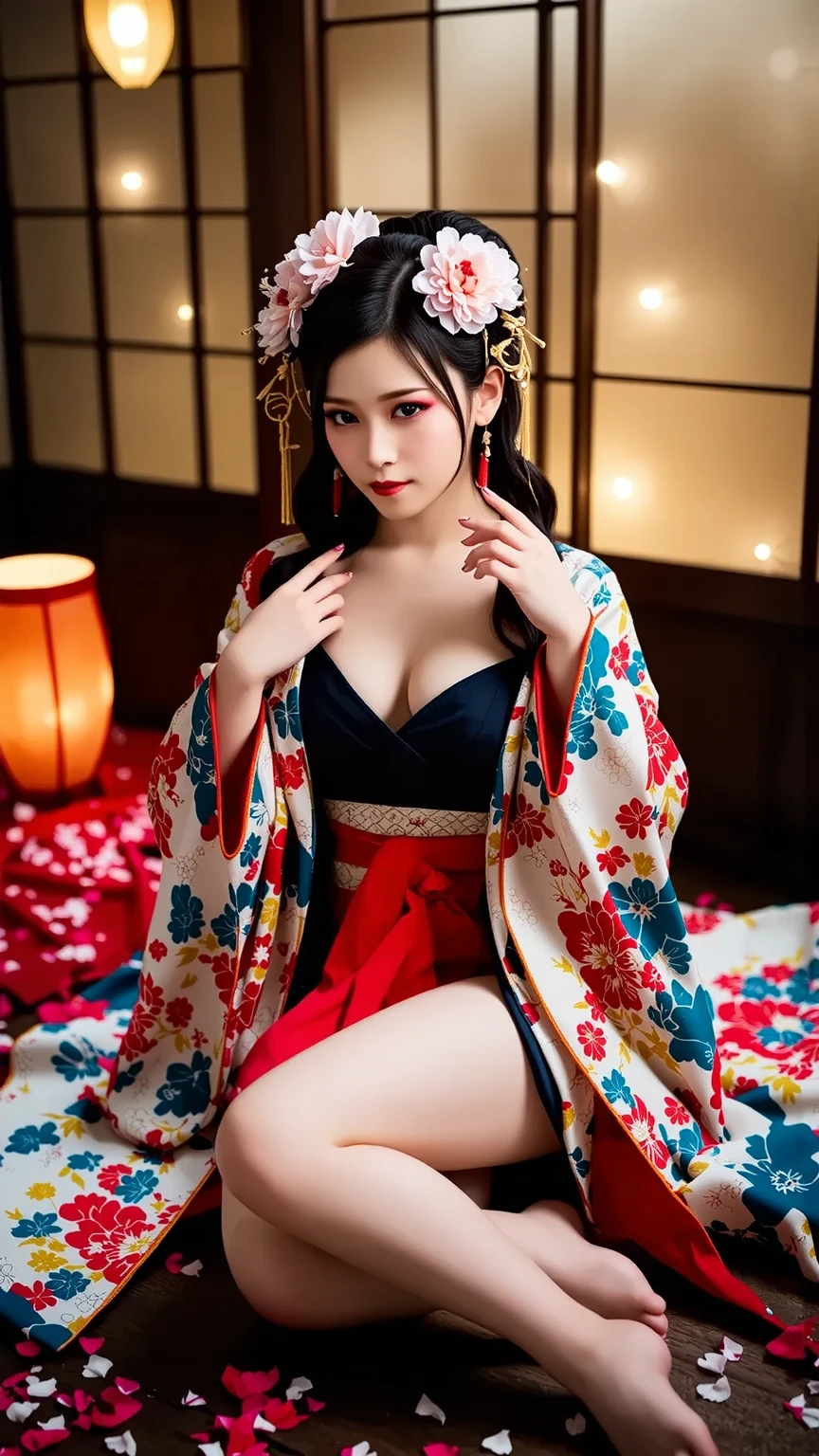 one,woman,red light district, Red light background,Oiran,beautiful Japan woman, kimono ,japanese hair , Skin Sleeves, obi, sagging chest, No bra, undulating proportions, beautiful butt, seductive pose, provocative smile, mature woman, night scene, indoor red light source, red light of lantern, Japanese private house interior decoration, tatami, Shoji, fusuma, masterpiece, Exquisite and artistic face, Highly detailed and expressive eyes, shiny hair, Highly detailed face and skin texture, highly detailed skin with pores, Detailed hand explanation, Detailed explanation of legs, 8K,  16K,highest quality,  movie lighting, dramatic lighting, realistic, Detailed CG, physical rendering, Super realistic, Realistic and realistic texture, unreal engine 5, dynamic angle,