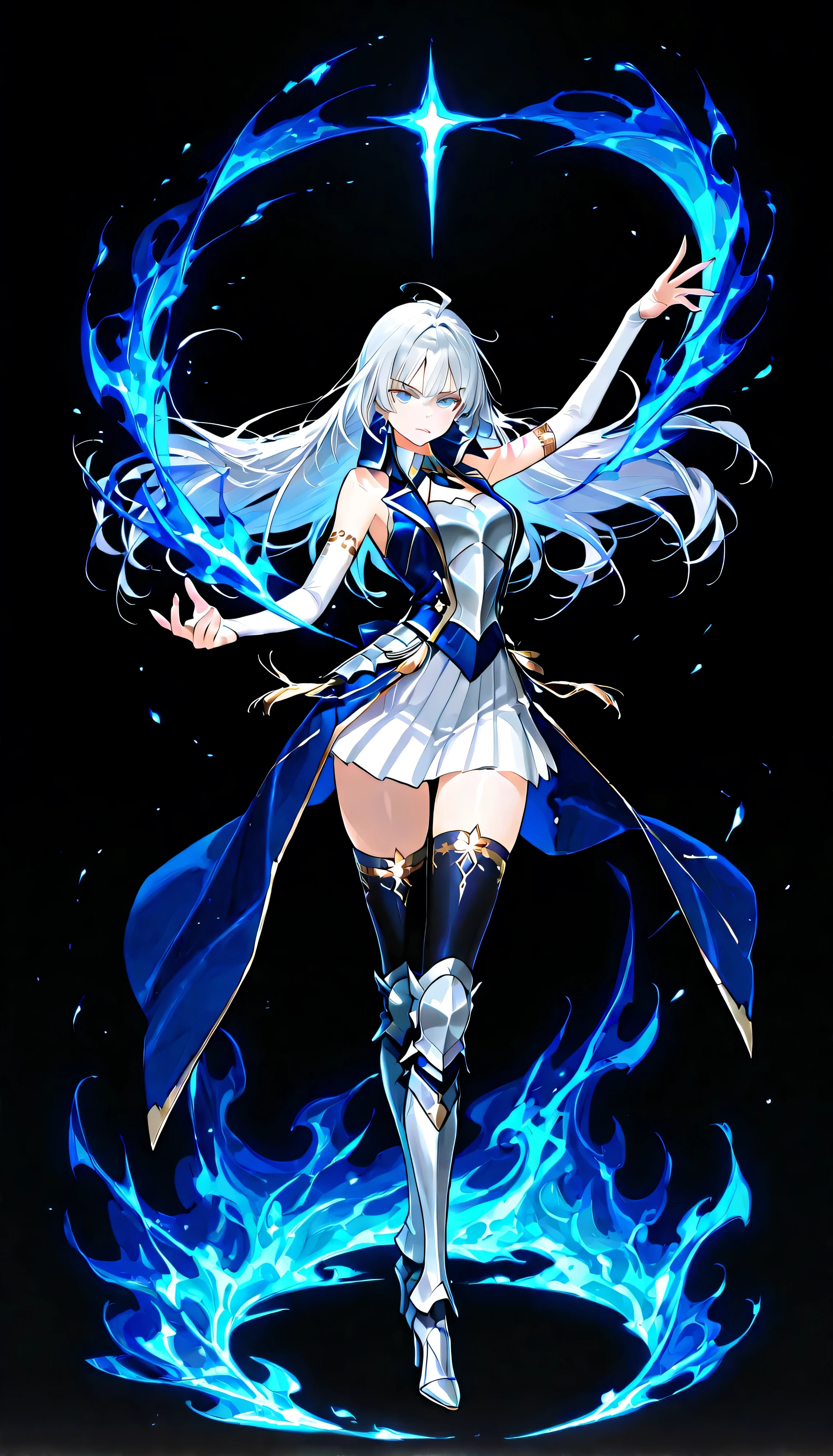 black background, 1girl, solo, masterpiece, female knight theme, beautiful woman with long silver hair, blue-streak on her hair, blue eyes and silky hair, hair down, white chest plate, wearing white knightly attire, long blue coatail, white skirt, decorated with golden details on her outfit, sleeveless coat (clothing cutout), sleeveless jacket (clothing cutout), she also wears white bridal handsock that wraps tight onto her entire arms, black stockings underneath shin guards, armored high heels, standing, highly detailed, anime illustration, add golden intricate details on her overall outfit, action pose, blue flames, pale flames, fiery, blazing, huge tall flames dancing around her, shirt collar