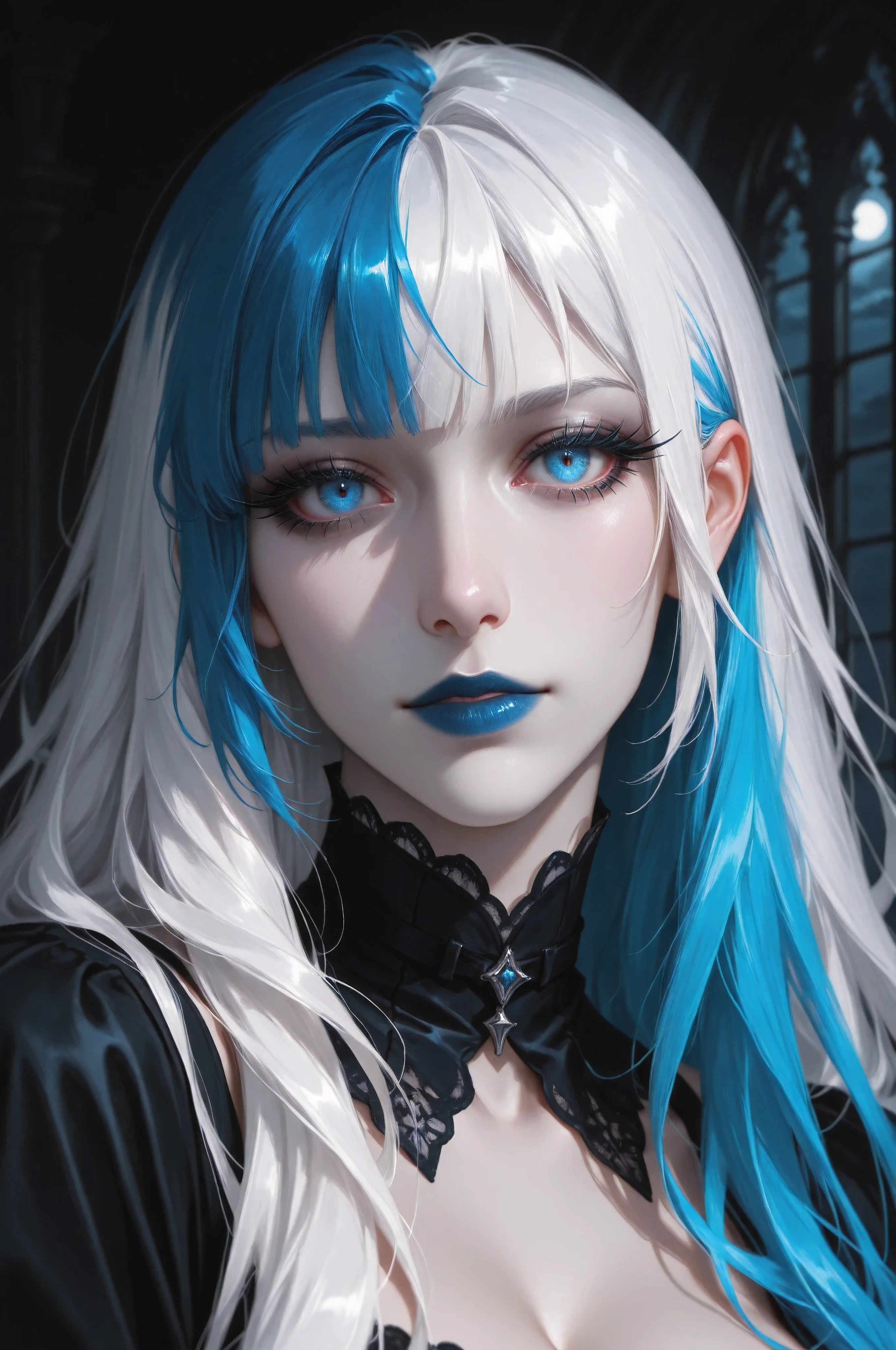 semi realistic, painterly, digital painting, 1girl, looking at viewer, close-up, split-color hair, blue hair, white hair, long eyelashes, goth girl, dark theme, moonlight, partially illuminated, pale skin, dark theme, blue lipstick