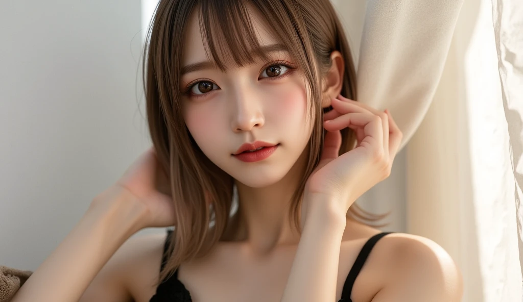 finely detail, hight resolution, hightquality、Perfect dynamic composition, Beautiful detailed eyes, Medium Hair, 、Natural Color Lip,Kamimei、Shibuya、20 years girl、1 persons、Transparent skin、Glowing hair、masutepiece, Best Quality, Illustration, Ultra-detailed, finely detail, hight resolution, 8K、The correct state of the human body、Crouch down、pretty pose,dishevled hair,beauty legs,Perfect beautiful face,KPOP Idol Face,Tight Dress,Face when you are excited to have 