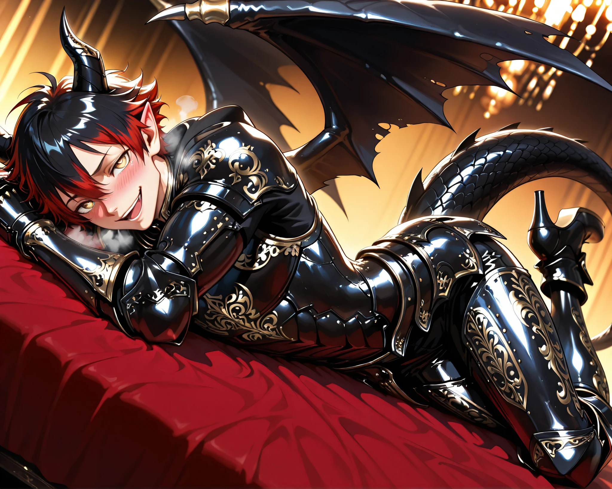 score_9, score_8_up, score_7_up, absurdres, (((128K Ultra High Resolution))), (masterpiece, best quality: 1. 5), (high definition: 1, 4), (highres), 8K wallpaper, (excellent graphics: 1. 5), CG, (((Japanese Anime style))), (1 male), (solo), (((lean body, masculine))), weredragon, glossy black, shiny black leather, (((beautiful golden eyes, finely detailed eyes, bright eyes, heart symbol eyes))), hair between eyes, black hair, long hair, sideburns, wild hair, (((sadistic smile, naughty face, open mouth))), ((ultra detailed face)), (((blushing, heavy breathing))), shiny skin, long pointy ears, twisted torso, long-legged, sculpted face, wasp waist, dragon horn, dragon tail, dragon wings, dragon sharp claws, (black armor with a lot of grandiose decorations: 1. 5), half dragon half human, (on a luxurious bed, lying in bed, bed waiting for you: 1. 5), (looking straight into the camera, dutch angle, dynamic pose: 1. 5), (ultra detailed black armor, well-polished black armor: 1. 5), (gold-adorned armor: 1. 5), all black outfit, full body, sharp focus, good-looking man, (best illustration, highly detailed artwork: 1. 5), dramatic lighting, (intricate detail, extreme detailed, super detailed: 1. 5), (stark contrast, heavy shadows: 1. 3), ((detailed black decorations)), beautiful & aesthetic, photoreal, (from side), (mysteriously crafted black metal armor: 1. 5), thick & luxuriant hair, (ultra detailed fantasy black armor, wonderful black armor: 1. 5), (realistic metal texture), broad shoulder, true-to-life visuals, artistically refined, (extremely delicate & beautiful armor, elaborate armor details: 1. 5), (giant black armor, dark armor, stylized armor: 1, 5), (((armor-type high heels))), (extremely detailed armor with intricate engravings, intricate armor with gold ornaments: 1. 5), ((very gorgeous and dazzling)), (dark fantasy black knight: 1. 5), slim waistlines, wide chested, sinewy body, (Hyper Detailed & Perfectly Designed Black Armor: 1. 5), (luxury bedroom)