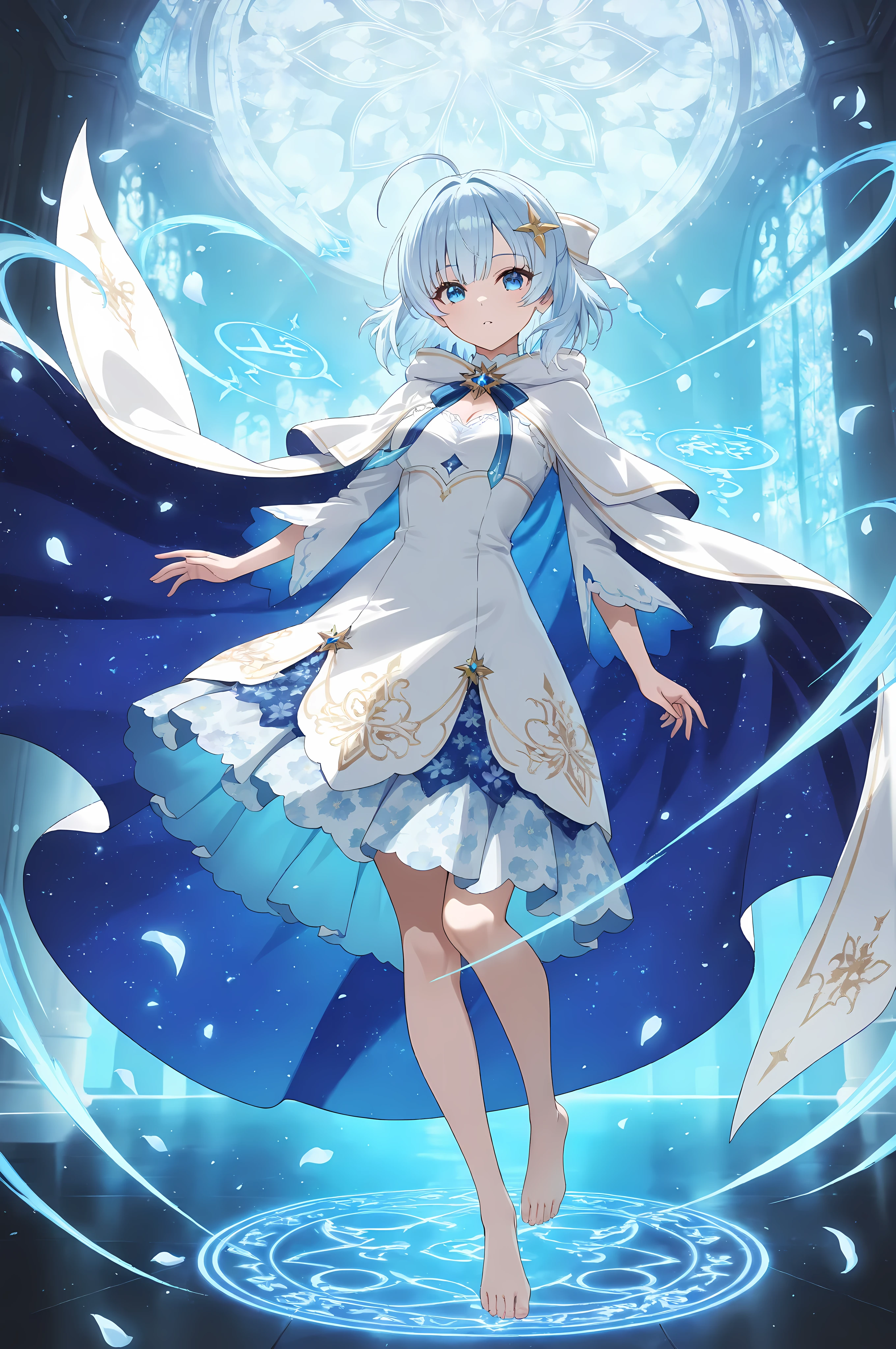 Tina_Howard, 1girl, solo, short blue hair with ahoge, vivid blue eyes, barefoot, wearing a beautiful floral-patterned dress with intricate petal motifs in soft pastels, flowing magical cloak billowing dramatically in the wind, the cloak's fabric swirling and partially obscuring mysterious glowing runes and hidden artifacts, ethereal atmosphere, dynamic pose, wind-swept hair, detailed textures on dress and cloak, cinematic lighting, magical aura, masterpiece, highly detailed, 8k