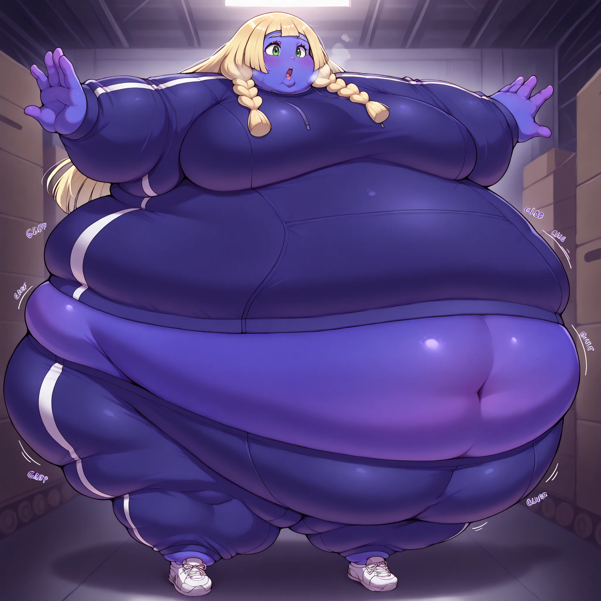 aalillie, long hair, blonde hair, twin braids, green eyes, warehouse, turning into a blueberry, blue skin, Violet skin, tracksuit, shoes, fat, chubby, obese, fat neck, multiple chins, big breasts open mouth, out of breath, Larger female, full body shot, only head, large head, oversized limbs, large hands, large feet, oversized feet, oversized fingers, big lips, plump lips, fat face, fupa, big fupa, fat fupa, bbinflight
bbinfmedium
bbfinfheavy
bbinfsphere
bbinfbutt, sphere_tf mini limbs only head, sphere body
