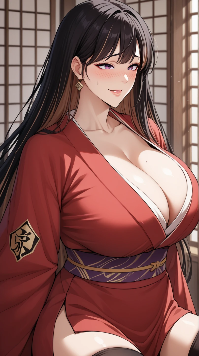 (masterpiece, high quality, lifelike, Ultra realistic, Remarkably high quality, photorealistic:1.5), Anime Woman Tsubaki Miyajima with Black Long Hair wearing a Black Kimono with red fire design on the Kimono minimalist logo design bright colors, high quality, extreme quality, super detailed, Wide hips, Narrow waist, Close-up:0.6, Upper-body view, Looking at viewer, Large 36DD Breasts, Sexy, pretty