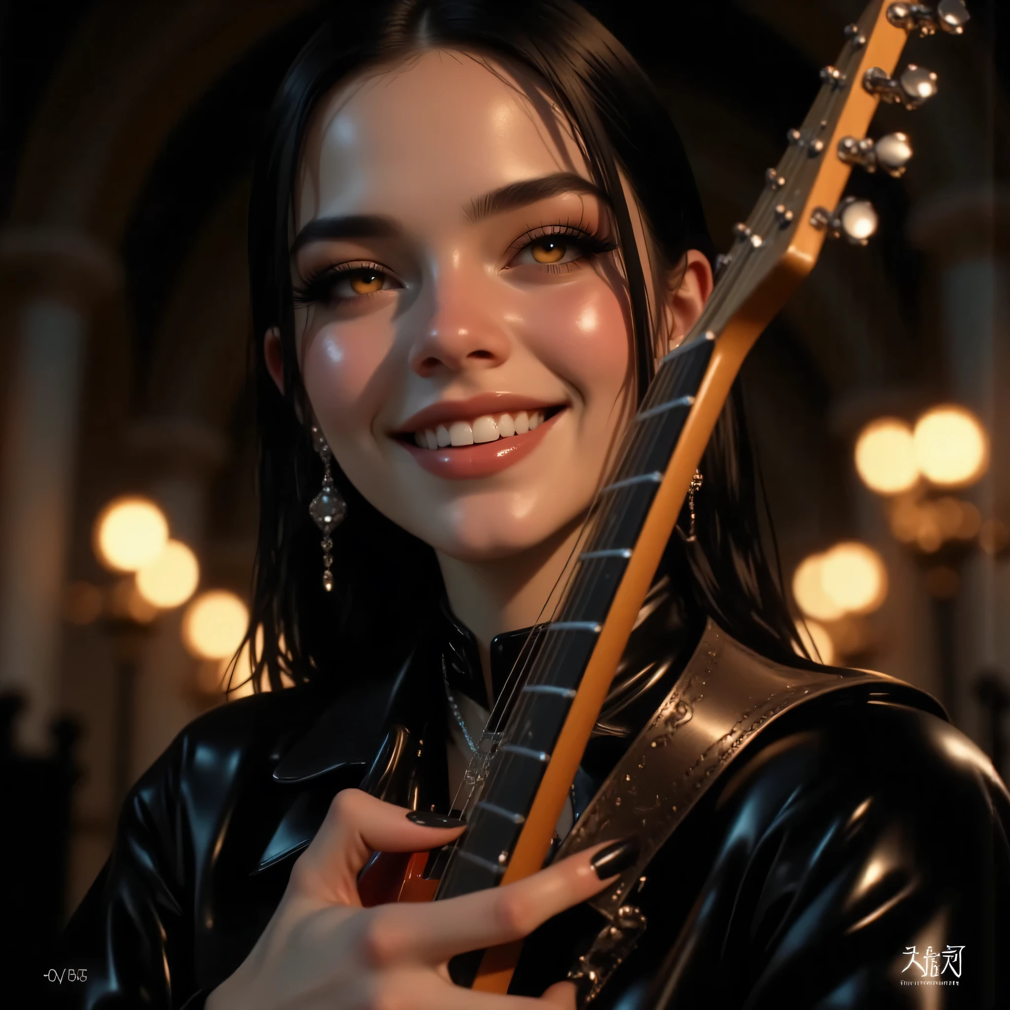 Close-up portrait of a gorgeous woman with leather outfit holding a guitar, gothic atmosphere, photorealistic lighting, stunning smile, deep expressive eyes with reflections, smooth skin with realistic texture, detailed hair strands, soft shadows, shallow depth of field, dark cathedral background softly blurred, cinematic bokeh lights, emotional and sensual expression, fashion editorial style, ultra-realistic photography, 85mm portrait lens effect, perfect , 8K resolution, professional lighting setup, masterpiece hyperrealism.
Negative Prompt:
blurry, text, watermark, distorted face, bad hands, mutated, unrealistic lighting, low detail, pixelated, artificial look, extra fingers, low quality, color banding, overexposed, cartoon