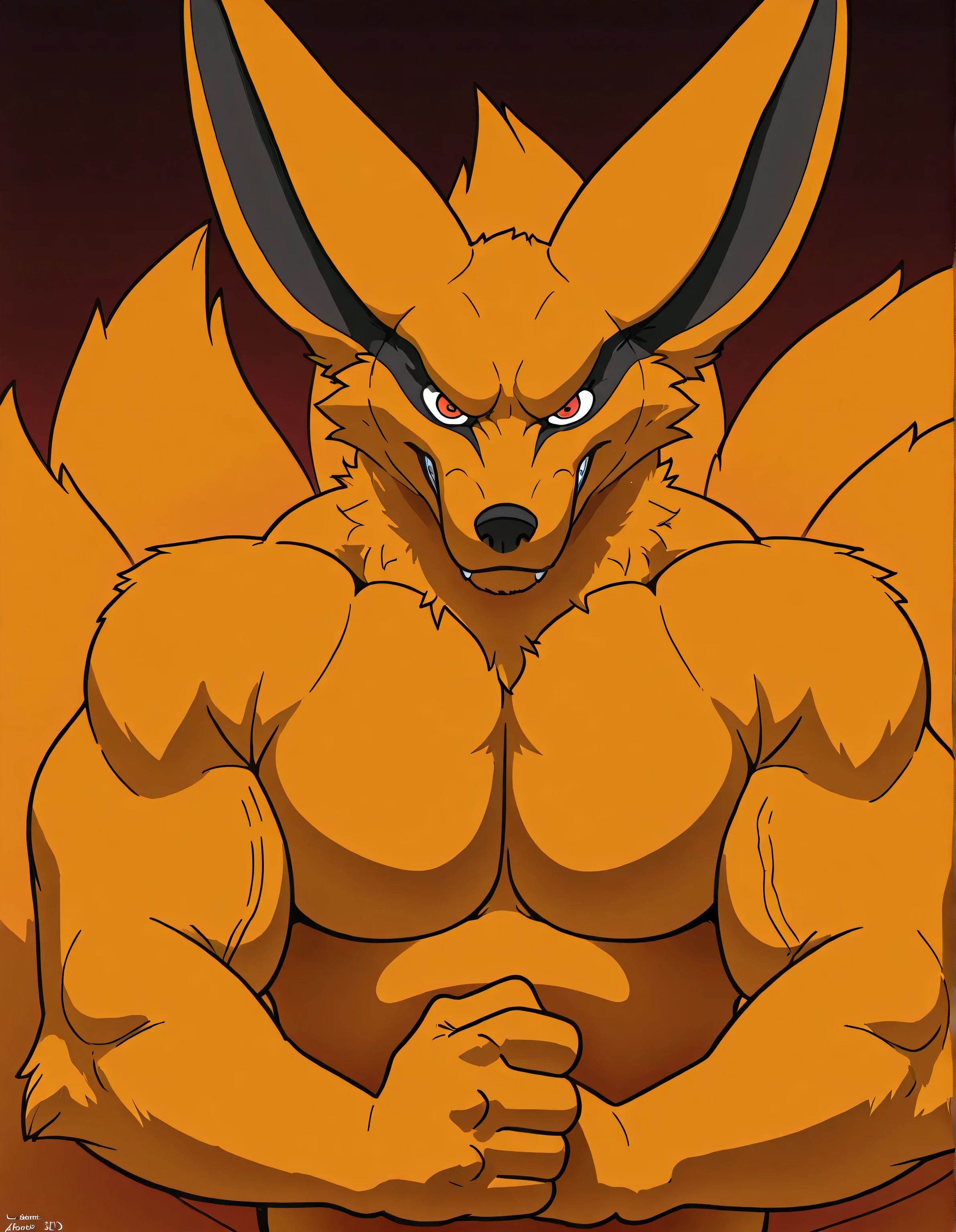 Kur4m4, fox, orange fur, red eyes, male, solo, flat colors, intense shading, thick arms, strong chest, half body, looking at viewer, strong stance, stern face, big ears, by anhes, t4r4nf1dd13r, darkness, cartoony proportions
