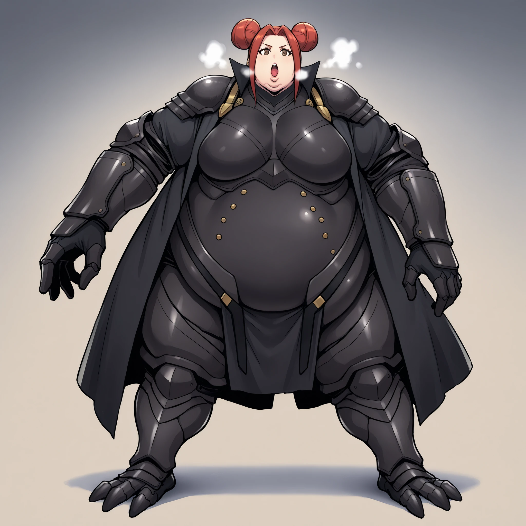 akari_shimizu_sl, red hair, double bun, parted hair, hair intakes, brown eyes, black coat, black armor, high collar, black gloves, black armguards,large breasts, big breasts open mouth, out of breath, Larger female, full body shot, only head, large head, oversized limbs, large hands, large feet, oversized feet, oversized fingers, big lips, plump lips, fat face, fupa, big fupa, fat fupa,
