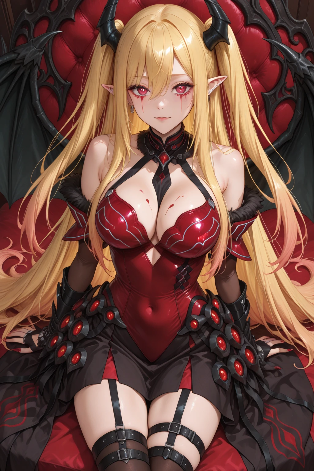 devil girl, ultra instant power, yellow and red eye, devil horns, angel wings, blood rain, dengeros place, nudy