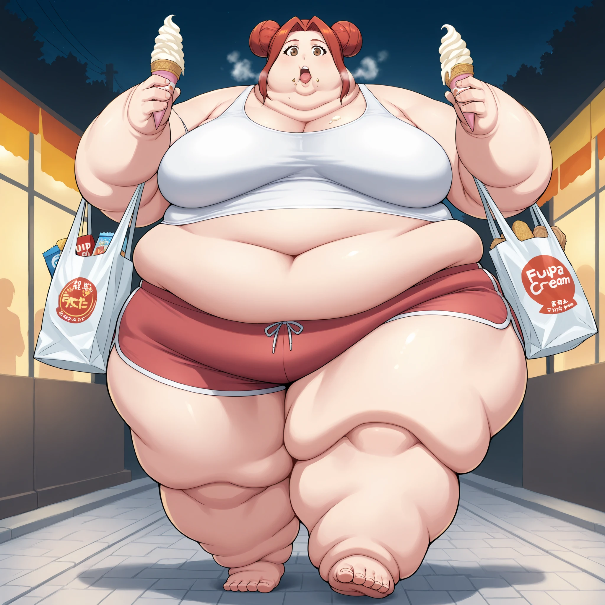 akari_shimizu_sl, red hair, double bun, parted hair, hair intakes, brown eyes,large breasts, tank top, midriff, dolphin shorts, walking, outside, night, eating ice cream, holding bags of food and snacks, fat, chubby, obese, fat neck, multiple chins, big breasts open mouth, out of breath, Larger female, full body shot, only head, large head, oversized limbs, large hands, large feet, oversized feet, oversized fingers, big lips, plump lips, fat face, fupa, big fupa, fat fupa,