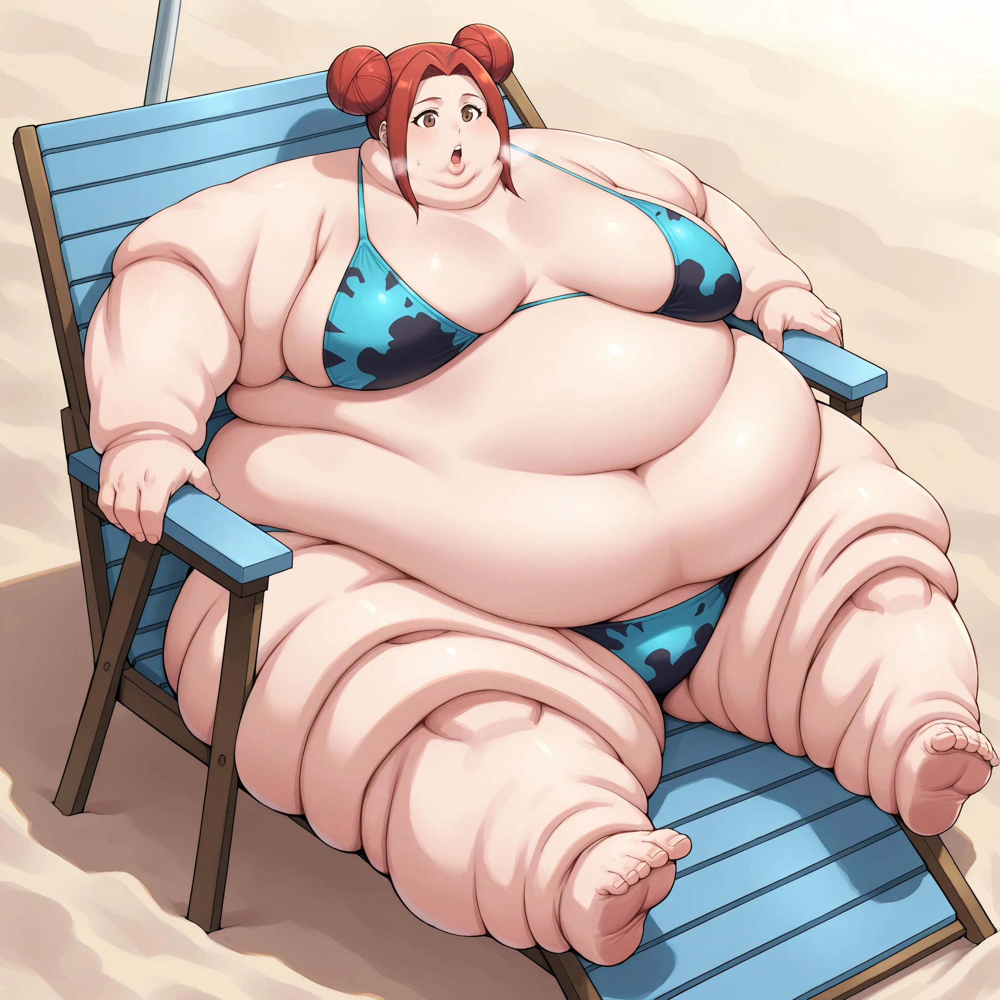 akari_shimizu_sl, red hair, double bun, parted hair, hair intakes, brown eyes,large breasts, bikini, beach, fat, chubby, obese, fat neck, multiple chins, big breasts open mouth, out of breath, Larger female, full body shot, only head, large head, oversized limbs, large hands, large feet, oversized feet, oversized fingers, big lips, plump lips, fat face, fupa, big fupa, fat fupa, sitting on chair, reclining back on chair