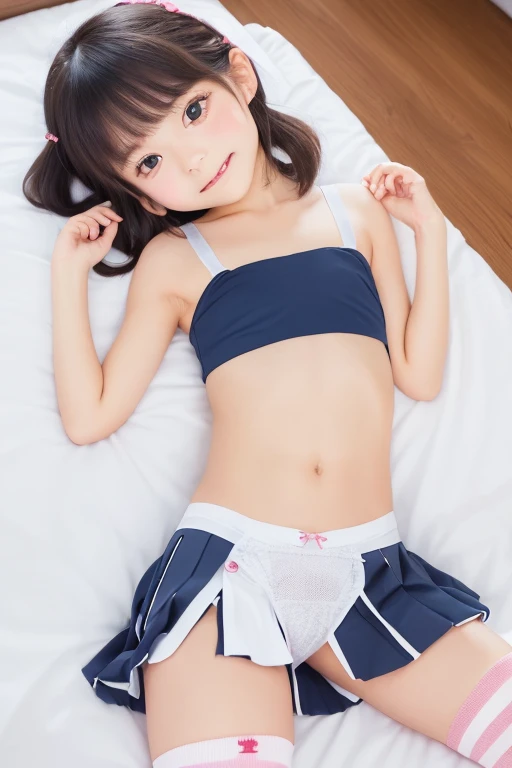 ((女の子1人:1.7)))、((pretty bikini))、a picture、surrealistic、top-quality、adopt、A detailed face、(((a bed)))、(((Building from the window)))、细致背景、diffuse sunlight、depth of fields、Lie down、(((Sit with your hands folded behind your back)))、pigeon-toed、10 year old、Short stature、Super Cute、((Slender body))、(((Super small breasts)))、、Fair Body、delicated face、A dark-haired、((Twin tail hairstyles))、Lifelike face、Shining eyes、((Opening legs))、((low  angle shot))、Infant body type、An expression that tasted pleasure that I had never felt before、((((((Something vibrating hits the directly and feels an intense back floats))、knee high socks、Maximizes arching of the back with intense pleasure