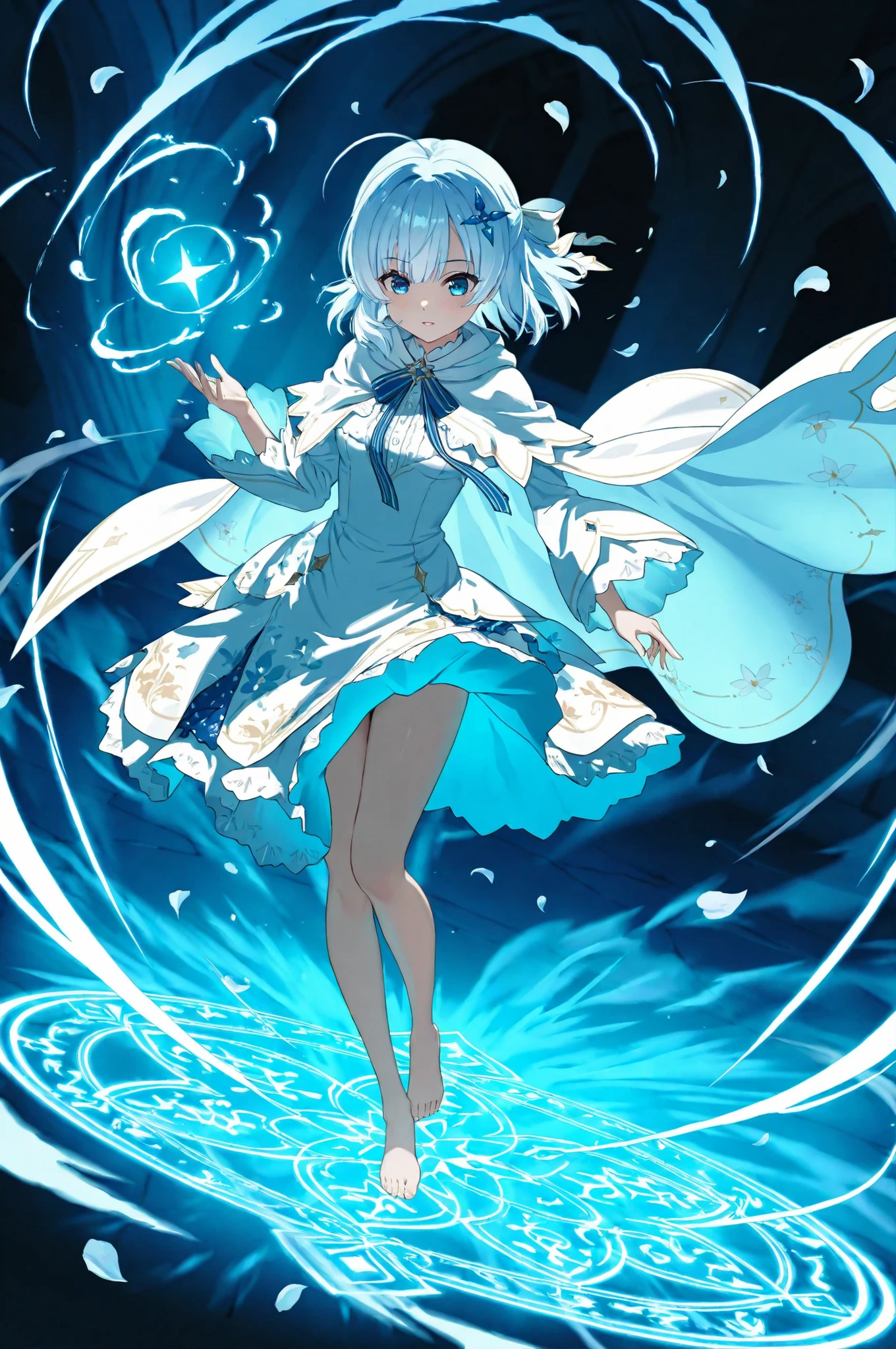 absurdres,very aesthetic,best quality,Tina_Howard, 1girl, solo, short blue hair with ahoge, vivid blue eyes, barefoot, wearing a beautiful floral-patterned dress with intricate petal motifs in soft pastels, flowing magical cloak billowing dramatically in the wind, the cloak's fabric swirling and partially obscuring mysterious glowing runes and hidden artifacts, ethereal atmosphere, dynamic pose, wind-swept hair, detailed textures on dress and cloak, cinematic lighting, magical aura, masterpiece, highly detailed, 8k