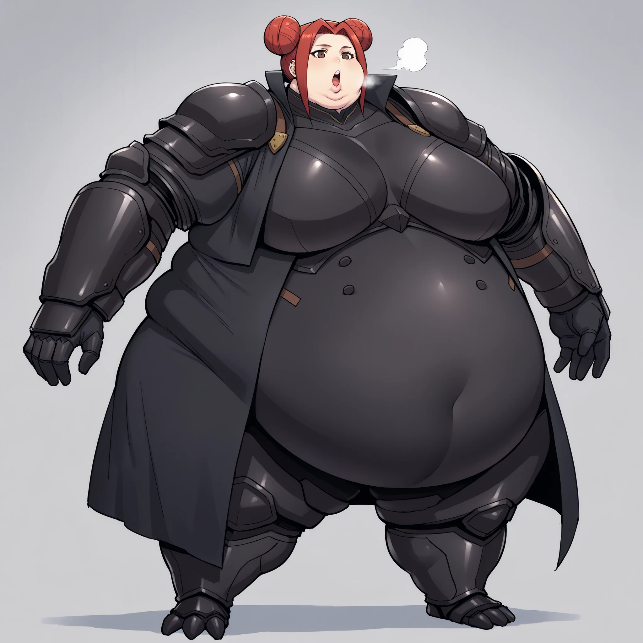 akari_shimizu_sl, red hair, double bun, parted hair, hair intakes, brown eyes, black coat, black armor, high collar, black gloves, black armguards,large breasts, fat, chubby, obese, fat neck, multiple chins, big breasts open mouth, out of breath, Larger female, full body shot, only head, large head, oversized limbs, large hands, large feet, oversized feet, oversized fingers, big lips, plump lips, fat face, fupa, big fupa, fat fupa, 