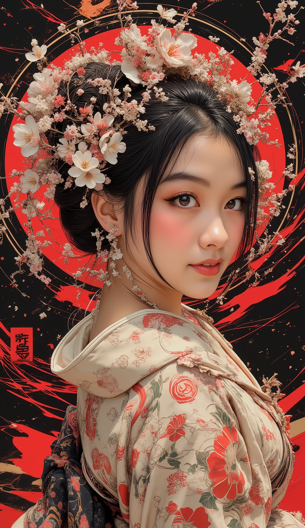 A realistic, design-oriented poster. It depicts a beautiful woman in a kimono with a hairstyle resembling fresh flowers. The flowers are woven into her hair, becoming one with it. The fresh flowers are vibrant and blooming profusely. She is tilting her head and looking back at the viewer. Weeping cherry blossoms trail from her hair. The background is black with diagonal red lines.