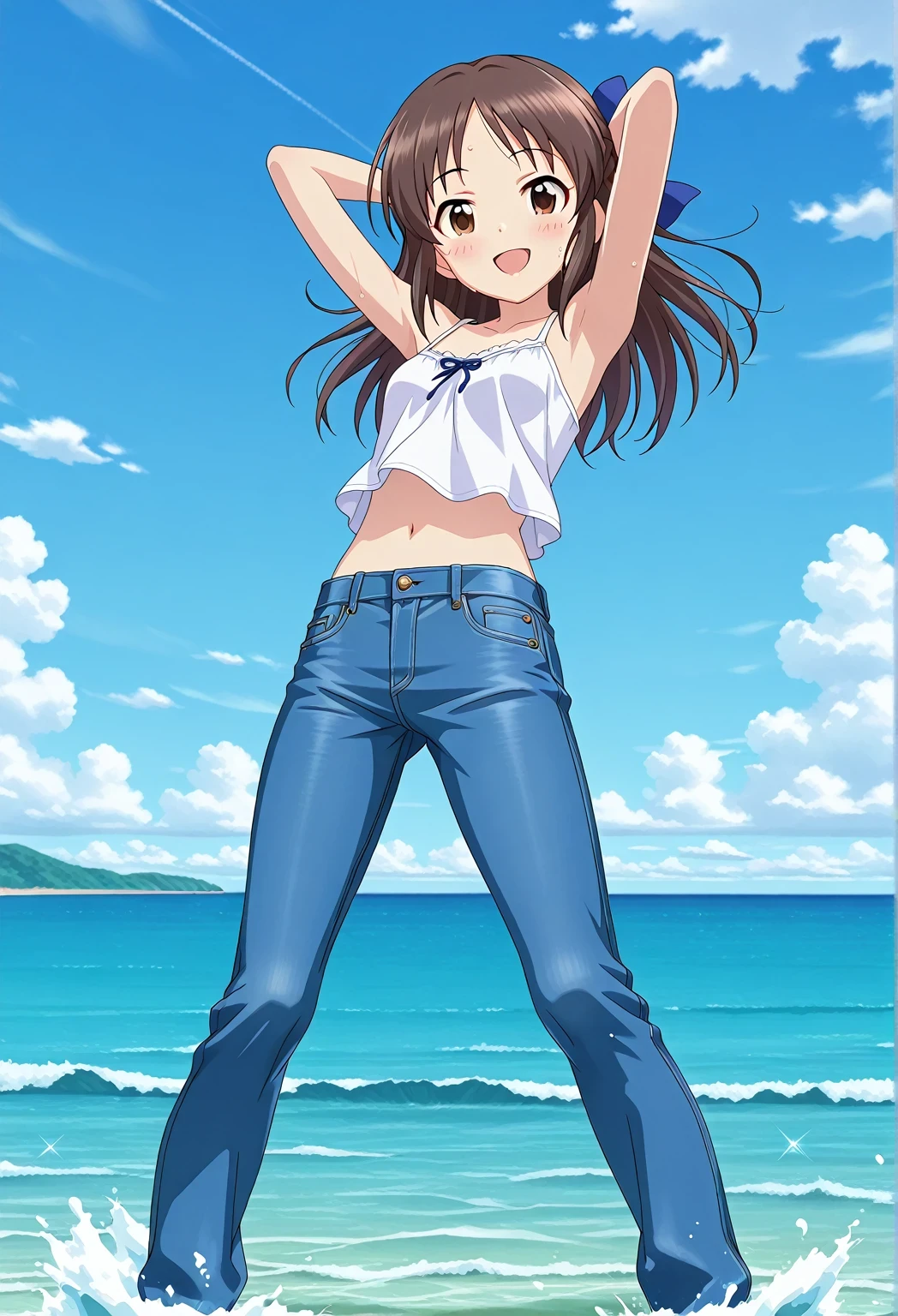 score_9, score_8_up, score_7_up, source_anime, highres, hi res, ((best quality, top quality, perfect quality, Highest Quality, amazing quality)), {{masterpiece}}, {{an extremely delicate and beautiful}}, 2d, intricate details, official style, anime, 8k, anime style, official_anime, official art, digital painting, cell shading, soft shading, high resolution, soothing tones, Subdued Color, Soft cinematic light, adobe lightroom, photolab, HDR, intricately and hyper-detailed, ((high quality animation)), 1 girl, Alone, solo, ((ocean)), tsunami, on the water, day, sunny, outdoors, sky, windy, tcbnars, THE iDOLM@STER Cinderella Girls, long hair, brown hair, parted bangs, hair bow, blue bow, brown eyes, anime coloring, anime screencap, small breasts, white camisole top, crop top, white crop top, best quality, hyper-detailed jeans, ((blue jeans:1.9)), (dark blue jeans:0.6), full medium body, medium shot, Open mouth, smiling, happy face, blush, sweat, standing, ((arms behind head:6.0)), ((perfect arm line:2.5)), perfect hand line, balance arm, raise forearm slightly, bowlegged, sliding pose, action, looking at viewer, spread legs, Bend knees slightly, straight-on front view
