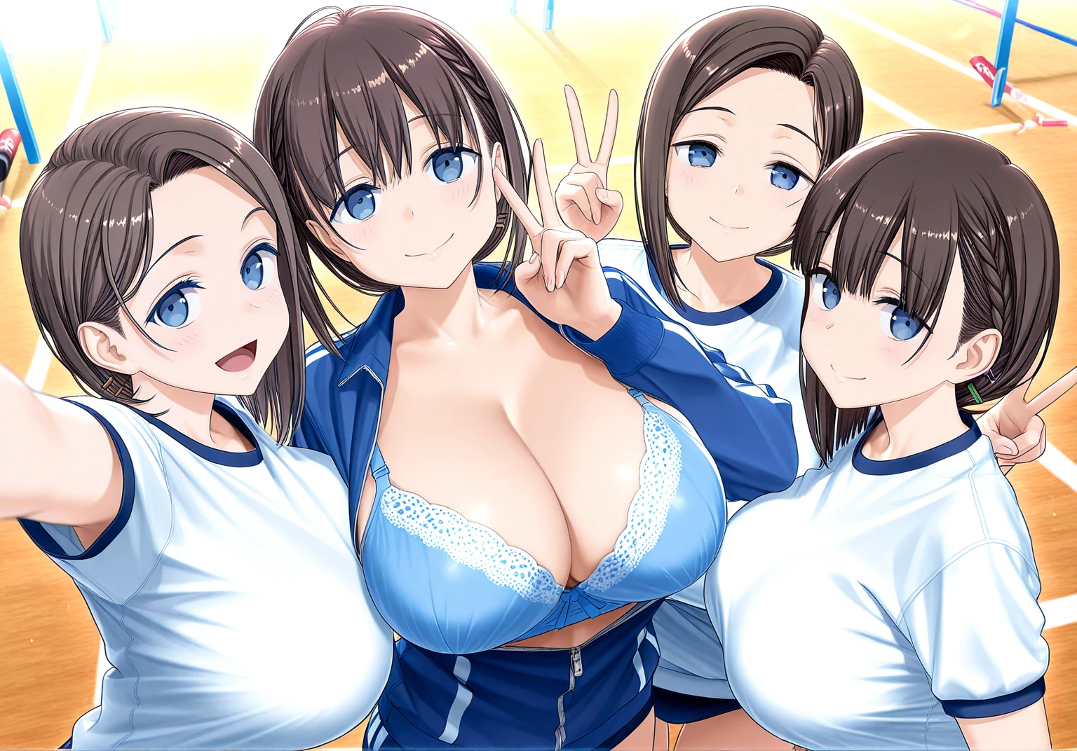 :1.5,Browsing Caution, Incredibly cute girl, rikujou, Multiple Girls Star Pieces Aster Pieces, Highest quality)), 15 years old, A big bust that seems to burst, Small , Group photo, A radiant smile、(show off :1.5)、(:1.5)