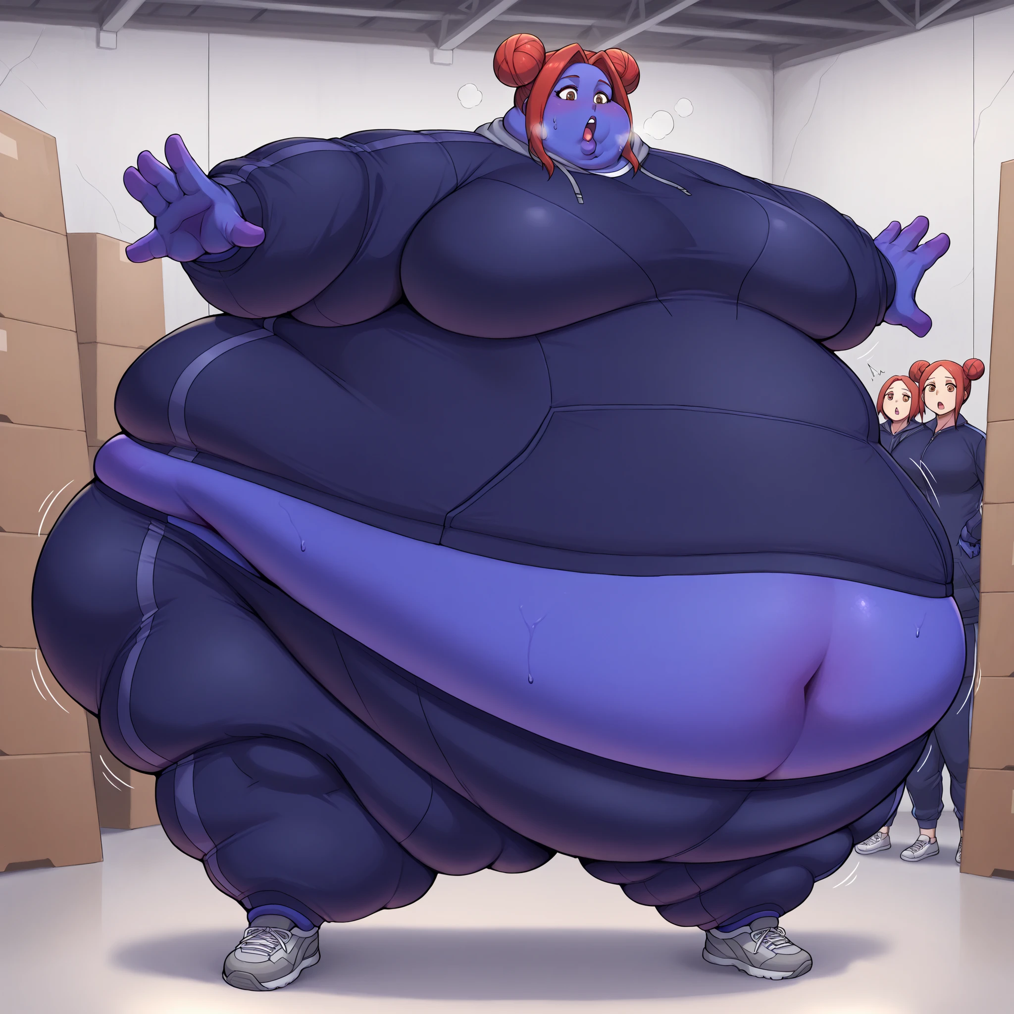 akari_shimizu_sl, red hair, double bun, parted hair, hair intakes, brown eyes,large breasts, warehouse, turning into a blueberry, blue skin, Violet skin, tracksuit, shoes, fat, chubby, obese, fat neck, multiple chins, big breasts open mouth, out of breath, Larger female, full body shot, only head, large head, oversized limbs, large hands, large feet, oversized feet, oversized fingers, big lips, plump lips, fat face, fupa, big fupa, fat fupa, bbinflight
bbinfmedium
bbfinfheavy
bbinfsphere
bbinfbutt