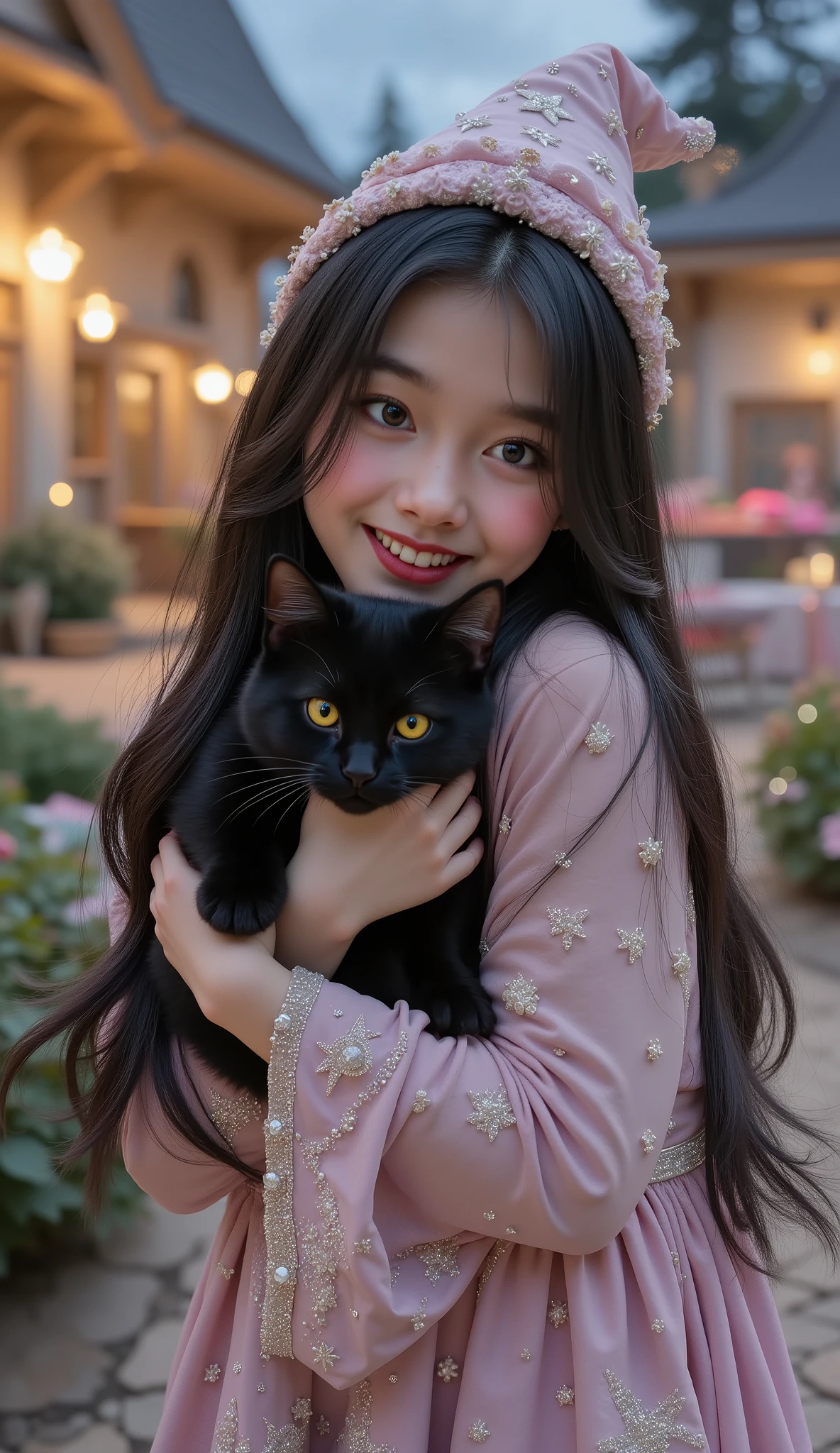 Lovely_Chu,Highest Quality, young witch girl, long hair, hugging a black cat, pastel color witch costume, Starred Hat, Fluffy black cat, Yellow-eyed cat, cute expression, Magical Particles of Light, candy house background, Twilight Sky, warm colors, brown eyes, Magic Cloak, Cloak