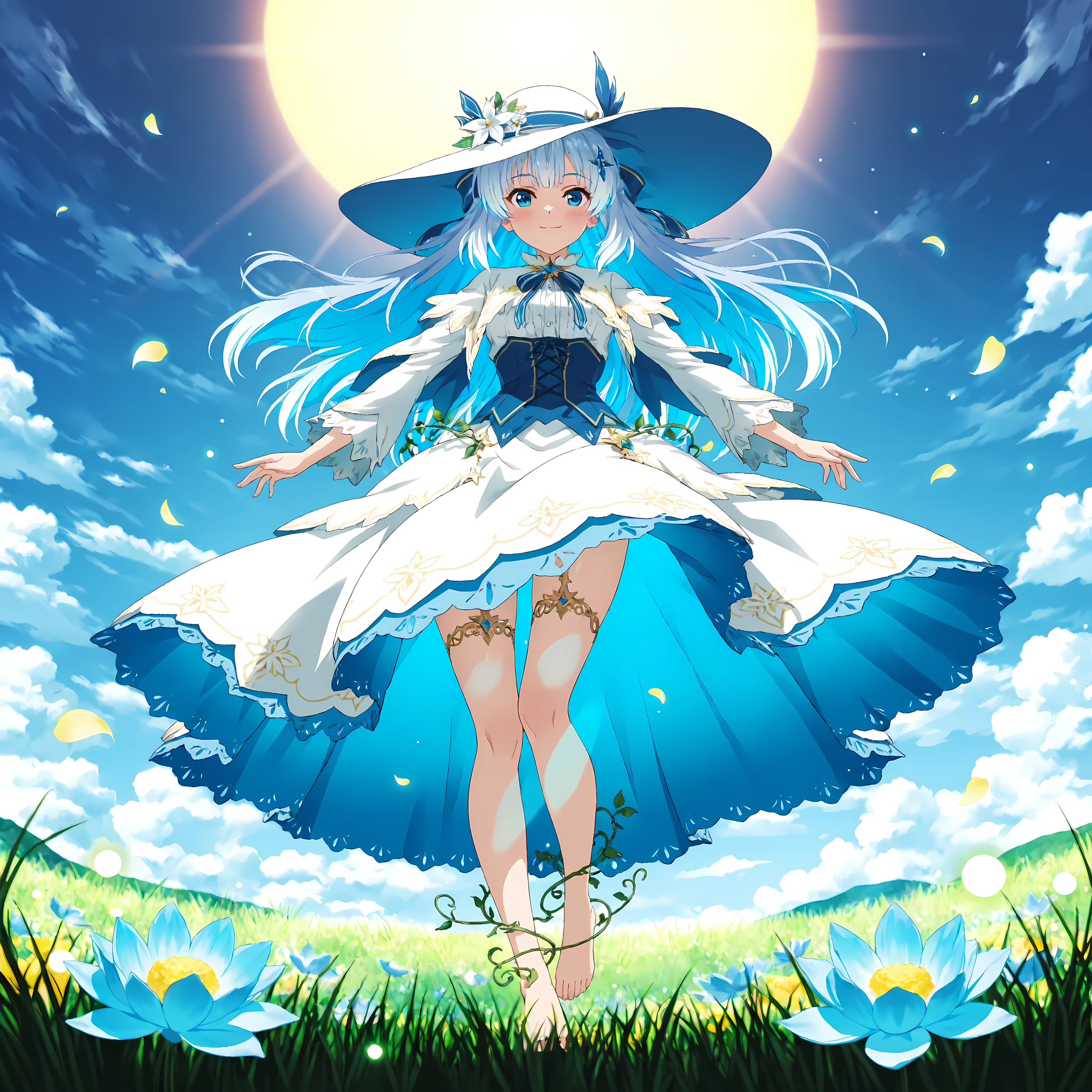 masterpiece, best quality, ultra-detailed, intricate details, 1girl, solo, Tina_Howard, short blue hair with soft gradient highlights, vibrant blue eyes sparkling with gentle wonder, delicate barefoot stance on dewy morning grass, wearing an exquisite living flower hat that blooms into a magnificent crown of layered petals -- the hat is a gigantic, ethereal lotus-sakura hybrid in full bloom, petals shifting from deep indigo at the base to soft sky-blue and blush-pink tips, dewdrops glistening like diamonds on velvet textures, tiny glowing fireflies nestled within the folds, delicate vines curling down like natural ribbons framing her face. The flower hat radiates serene confidence and dreamy introspection, its gentle unfurling mirroring the wearer's calm yet whimsical spirit. Soft dawn sunlight filtering through translucent petals creates rainbow halos, subtle rim lighting, cinematic depth of field, anime style by Kyoto Animation, Studio Ghibli influence, --ar 3:4 --v 6 --stylize 750