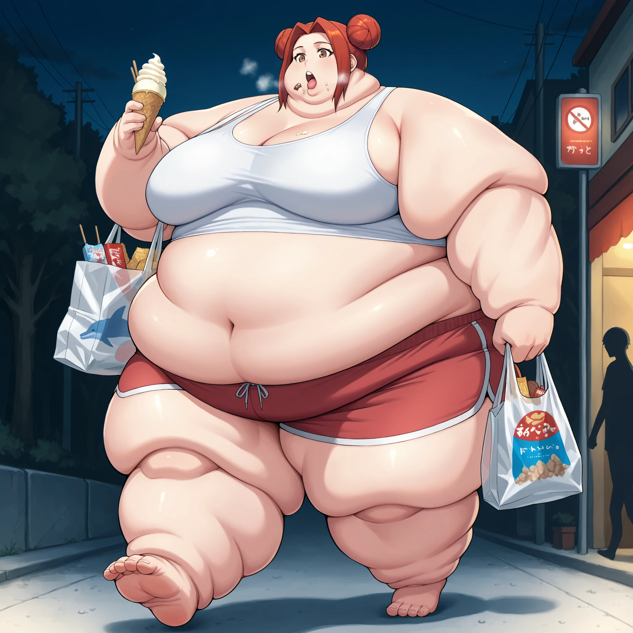 akari_shimizu_sl, red hair, double bun, parted hair, hair intakes, brown eyes,large breasts, tank top, midriff, dolphin shorts, walking, outside, night, eating ice cream, holding bags of food and snacks, fat, chubby, obese, fat neck, multiple chins, big breasts open mouth, out of breath, Larger female, full body shot, only head, large head, oversized limbs, large hands, large feet, oversized feet, oversized fingers, big lips, plump lips, fat face, fupa, big fupa, fat fupa, 