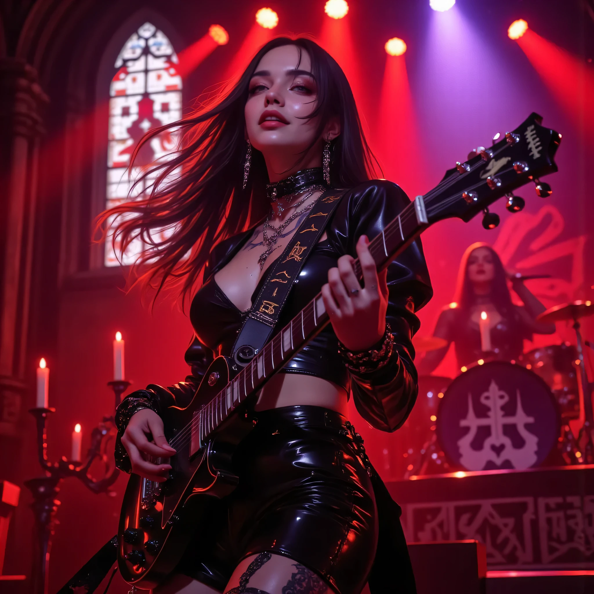 A stunning modern woman playing an electric guitar on a gothic concert stage, medium shot, realistic photo style, wearing tight black leather outfit with metallic details, soft studio lighting mixed with red and purple stage lights, beautiful sensual pose, confident smile, expressive eyes, long shiny hair flowing in motion, detailed makeup with smoky eyes, gothic architecture in the background with stained glass windows and candles, mist and spotlight effects, realistic reflections on the leather, cinematic composition, ultra-detailed textures, photorealistic skin tone, 8K resolution, perfect , no distortions, high-contrast shadows, depth of field, hyperrealistic photography, masterpiece.
Negative Prompt:
blurry, out of focus, deformed hands, extra limbs, watermark, text, low-quality, unrealistic skin, poorly drawn face, asymmetrical eyes, bad , mutated, distorted, overexposed, pixelated, cartoon, 3D render, flat lighting.