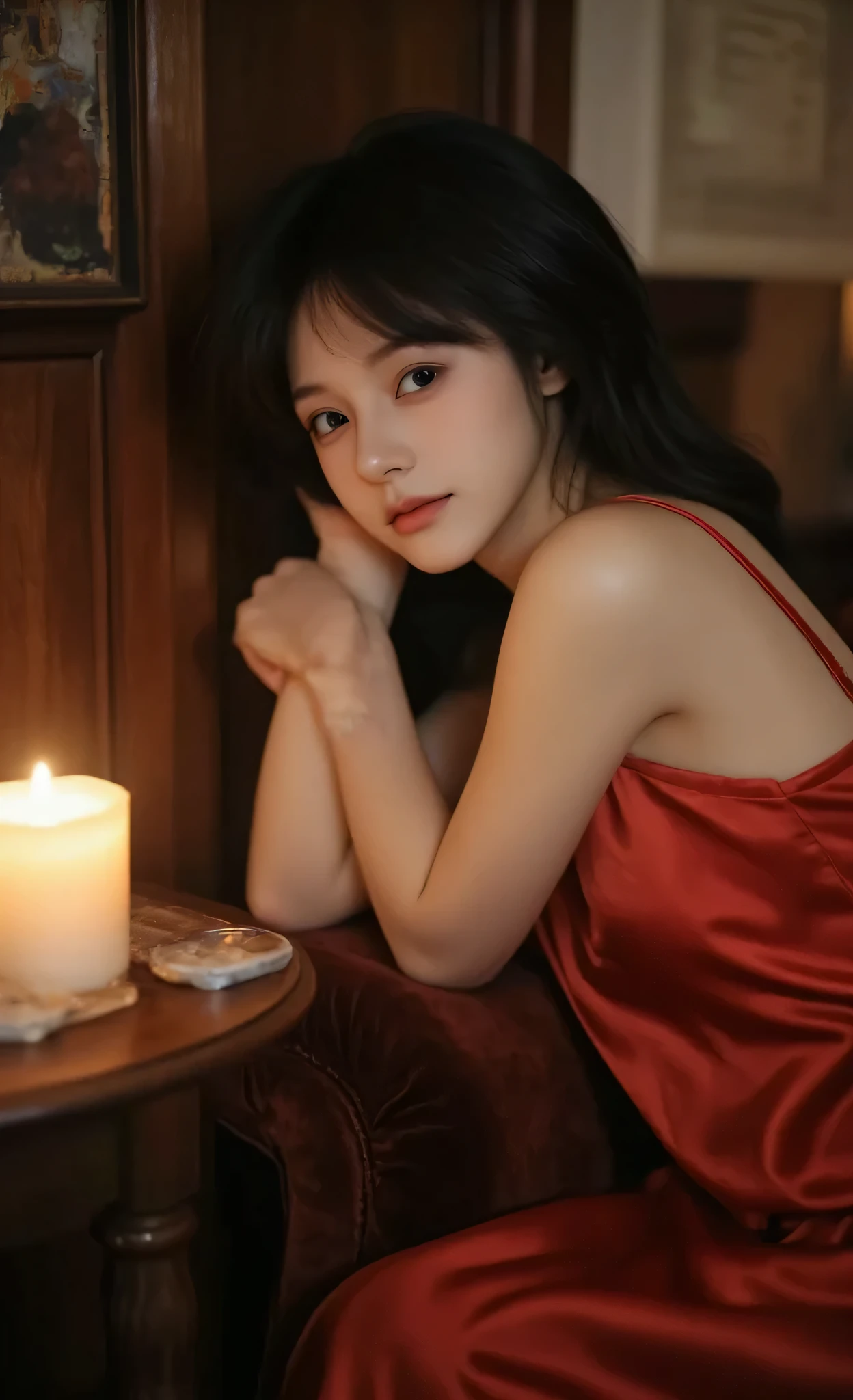 wearing light blue silk pajamas A woman sleeping peacefully is sleeping on her side {x} A woman in a bright red silk slip dress is leaning on one elbow on a velvet armrest, Her body was slightly turned back, but、her head looked back and glanced over her shoulder. The candle on the side table gives off a warm light all over her skin.
Low Angle 3/4 Views, moody lighting, Flashing Light Effects , shadow.
— semi-realistic anime style, sensual lighting, dress