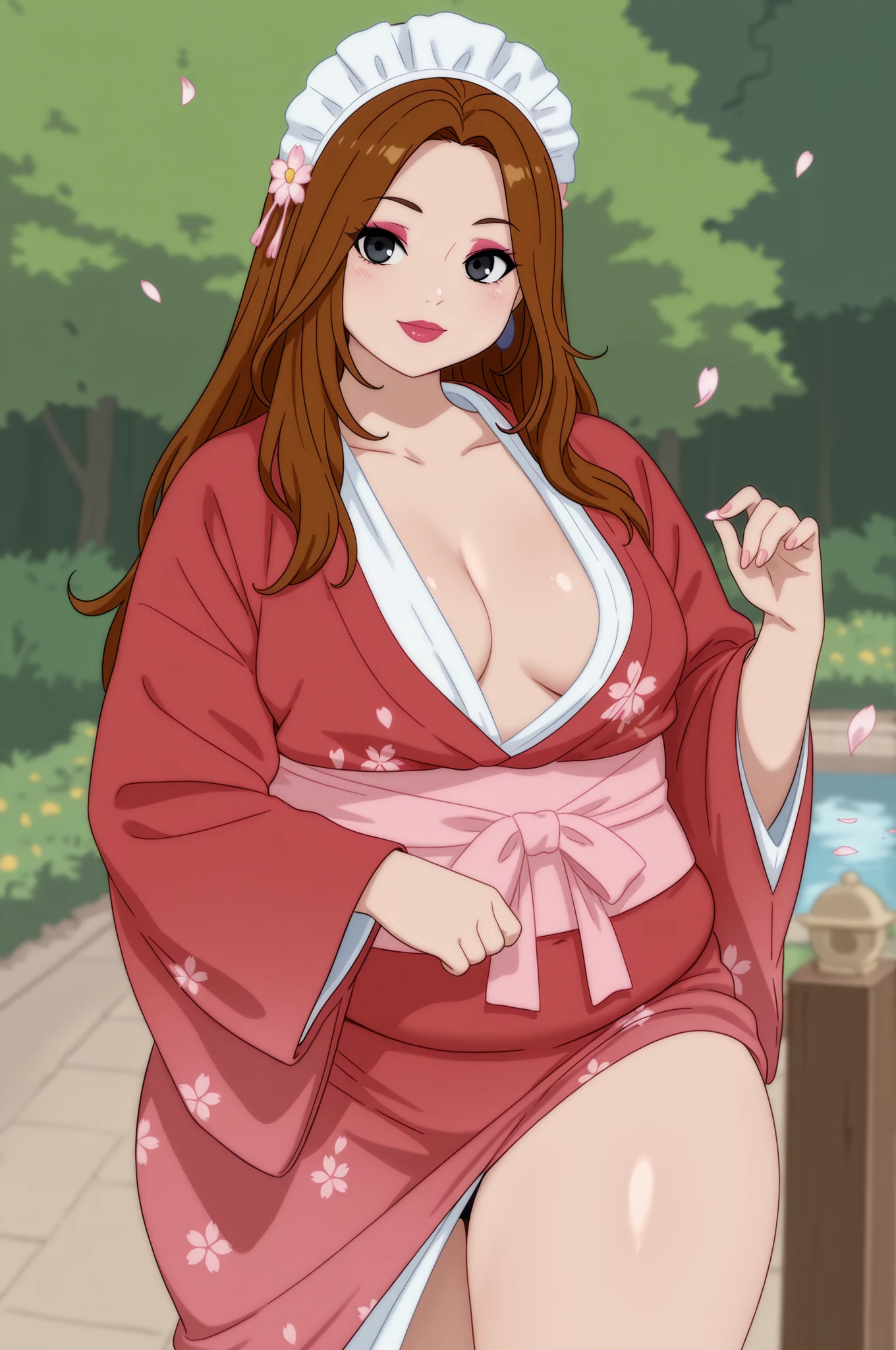 Debra, small . Pale red lipstick, brown hair, black eyes, pale red makeup, long hair, thick , chubby, overweight, chubby, fat, mature woman..|   Delicate Headdress with Fresh Flowers for the Spring Festival、Beautiful  Woman、White and pink flowers々Are woven into the hair、smiling expression、Figure Wearing a Red Japanese Kimono、traditional Japanese garden、Pond Side、soft spring sunshine、Petals swaying in the wind、Kiyoshi, which captures natural beauty々 Beautiful Portrait Photos 、（masterpiece:1.6)、(very detailed:1.6)、(and high precision:1.4)、(perfection、reality、very detailedテクスチャ)、(Cinematic Lighting:1.5)、(Quality in Details:1.4)、