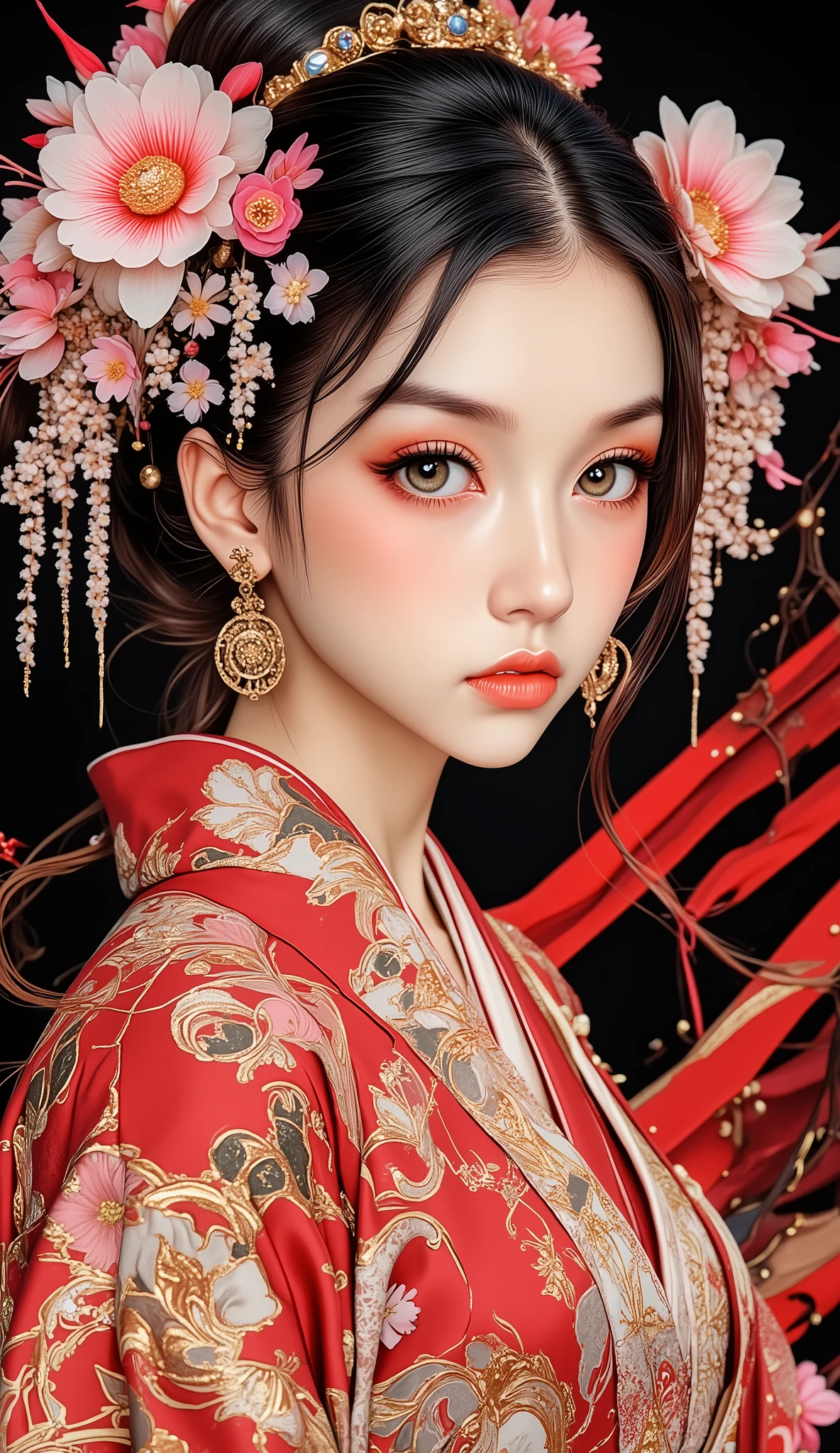 A realistic, design-oriented poster. It depicts a beautiful woman in a kimono with a hairstyle resembling fresh flowers. The flowers are woven into her hair, becoming one with it. The fresh flowers are vibrant and blooming profusely. She is tilting her head and looking back at the viewer. Weeping cherry blossoms trail from her hair. The background is black with diagonal red lines.