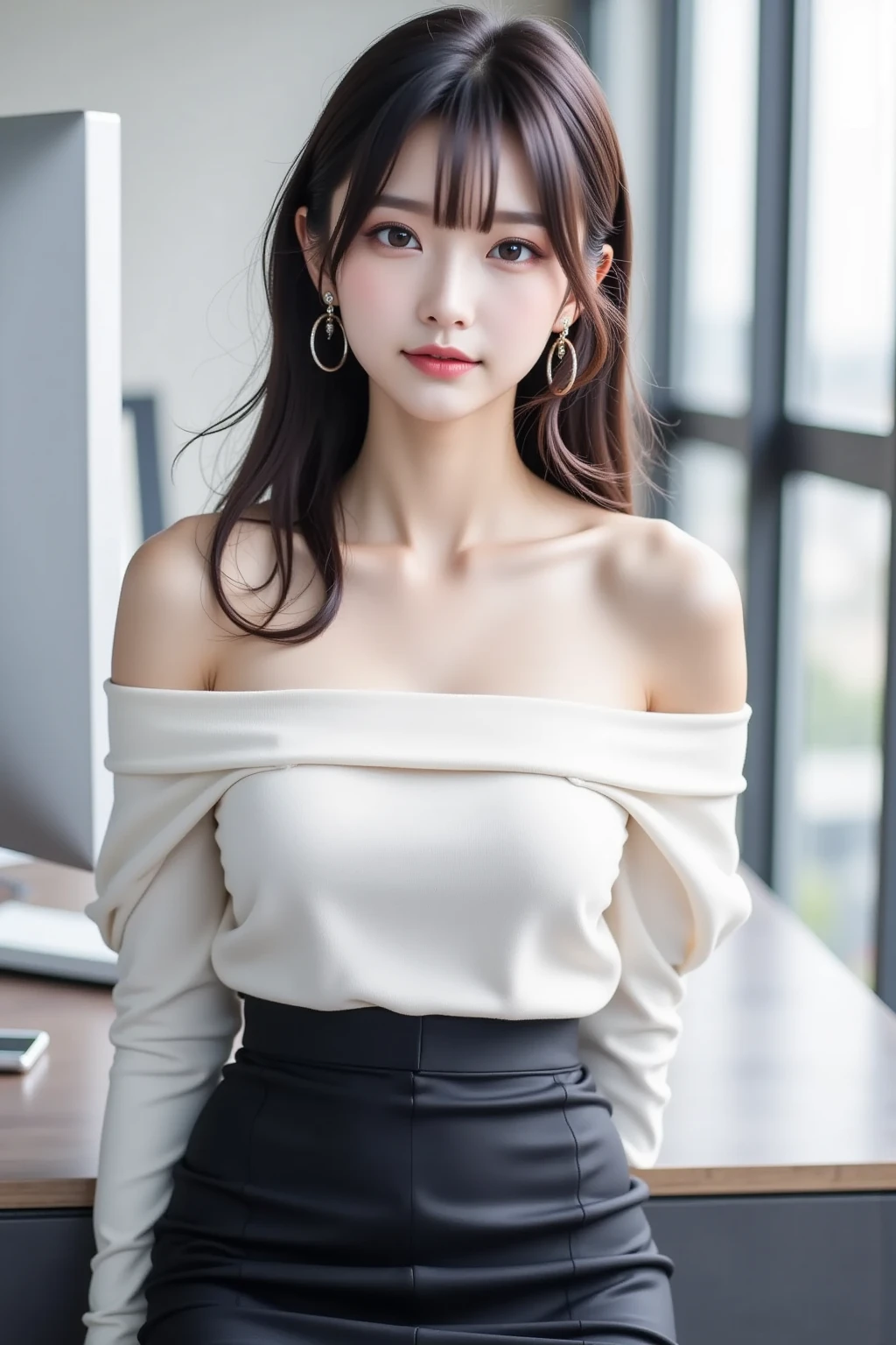 A beautiful Chinese girl wearing an off-shoulder white sweater dress and black pantyhose,Height 160,Weight 45kg,Perfect body,fairer complexion,Oval face,Deep  features,Long brown hair,A confident smile,A little blush on face,light pink eyeshadow,night time，Posing against the railing on the observation deck,Realistic style,masterpiece