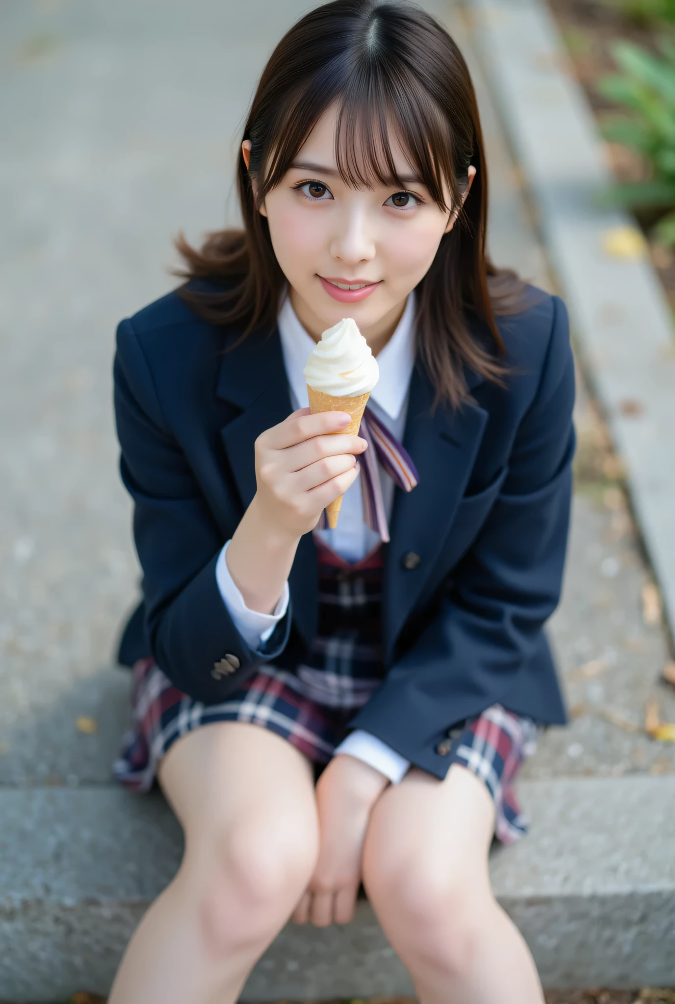 ultra detailed,8k,high resolution,beautiful detailed,high contrast,sharp focus, 50mm, f3,5,
best quality,super hyper realism,realistic,photorealism,(realistic skin:1.2),
japanese solo girl, no makeup, (from above:1,2), looking at viewer, straight-on cinematic portrait, shallow depth of field, ultra realistic, smile,
Japanese high school girl, navy blazer jacket with three buttons and tailored collar, white shirt underneath, chest ribbon in striped pattern of burgundy, navy, and white, bottom options include a pleated skirt with plaid pattern in navy, burgundy, and white, black high socks, black loafers,
(squatting:1,3), girl holding ice cream cone with both hands, looking at it with joy, (girl licking ice cream1,3), with tongue out, ice cream, close-up on lips and tongue, spread legs