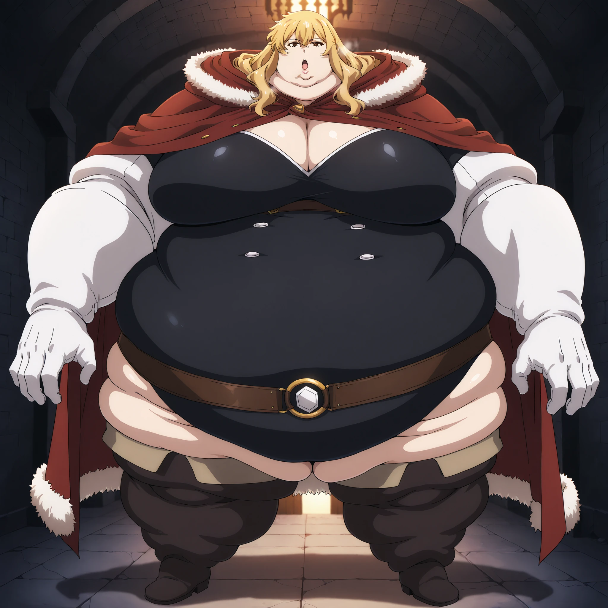 1girl, solo, huge breasts, dungeon, inside, upper body, looking at viewer, gina, long hair, blonde hair, brown eyes, sidelocks, wavy hair, hair between eyes, anime coloring, red cape, hooded cape, fur-trimmed cape, black leotard, buttons, cleavage, elbow gloves, white gloves, o-ring belt, white belt, brown belt, two-tone belt black boots, thigh boots, fat, chubby, obese, fat neck, multiple chins, big breasts open mouth, out of breath, Larger female, full body shot, only head, large head, oversized limbs, large hands, large feet, oversized feet, oversized fingers, big lips, plump lips, fat face, fupa, big fupa, fat fupa,
