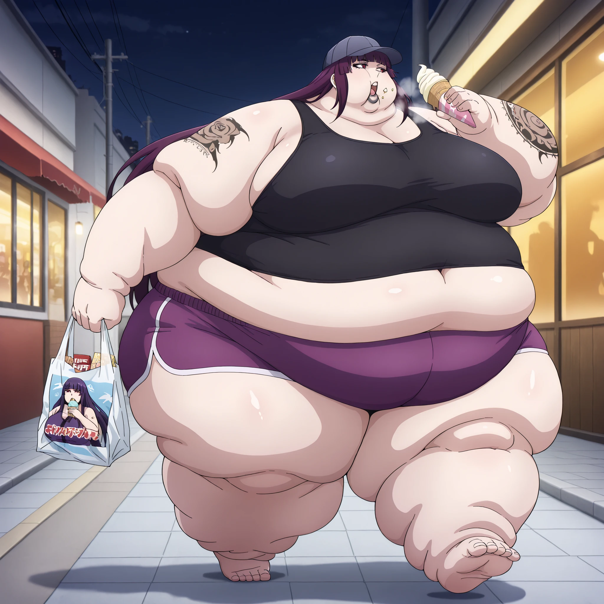 kanae_tawata_pm, purple hair, long hair, (arm tattoo:0.8), large breasts, black lips, blunt bangs, red eyes, baseball cap,large breasts, tank top, midriff, dolphin shorts, sandels, walking, outside, night, eating ice cream, holding bags of food and snacks, fat, chubby, obese, fat neck, multiple chins, big breasts open mouth, out of breath, Larger female, full body shot, only head, large head, oversized limbs, large hands, large feet, oversized feet, oversized fingers, big lips, plump lips, fat face, fupa, big fupa, fat fupa, side view