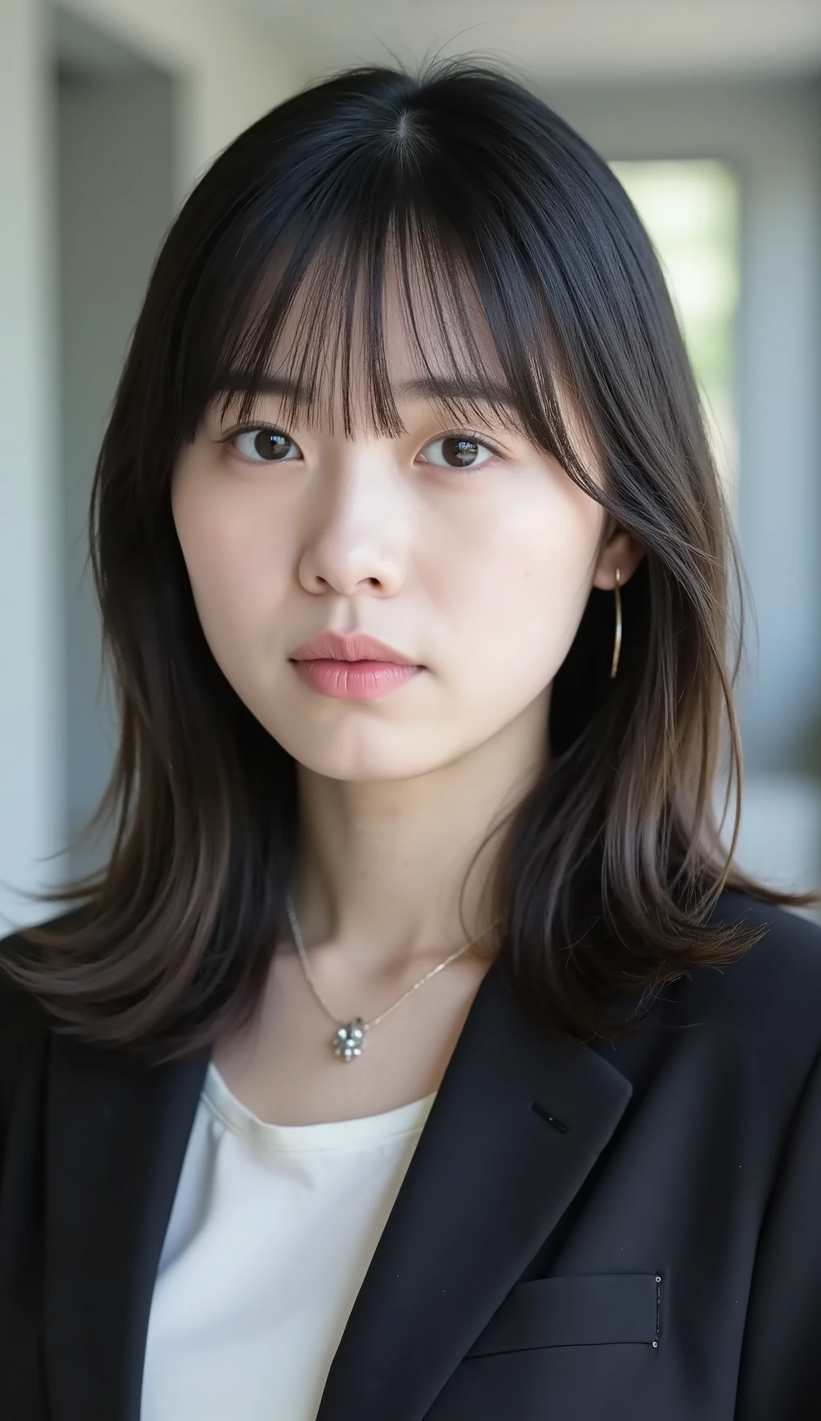 Neat Young Woman、and look at the camera、office lady suit、jacket、shirt、necklace、、ear piercing、前髪あり、No expression、has closed its mouth、顔のクローズアップ、The background is office
