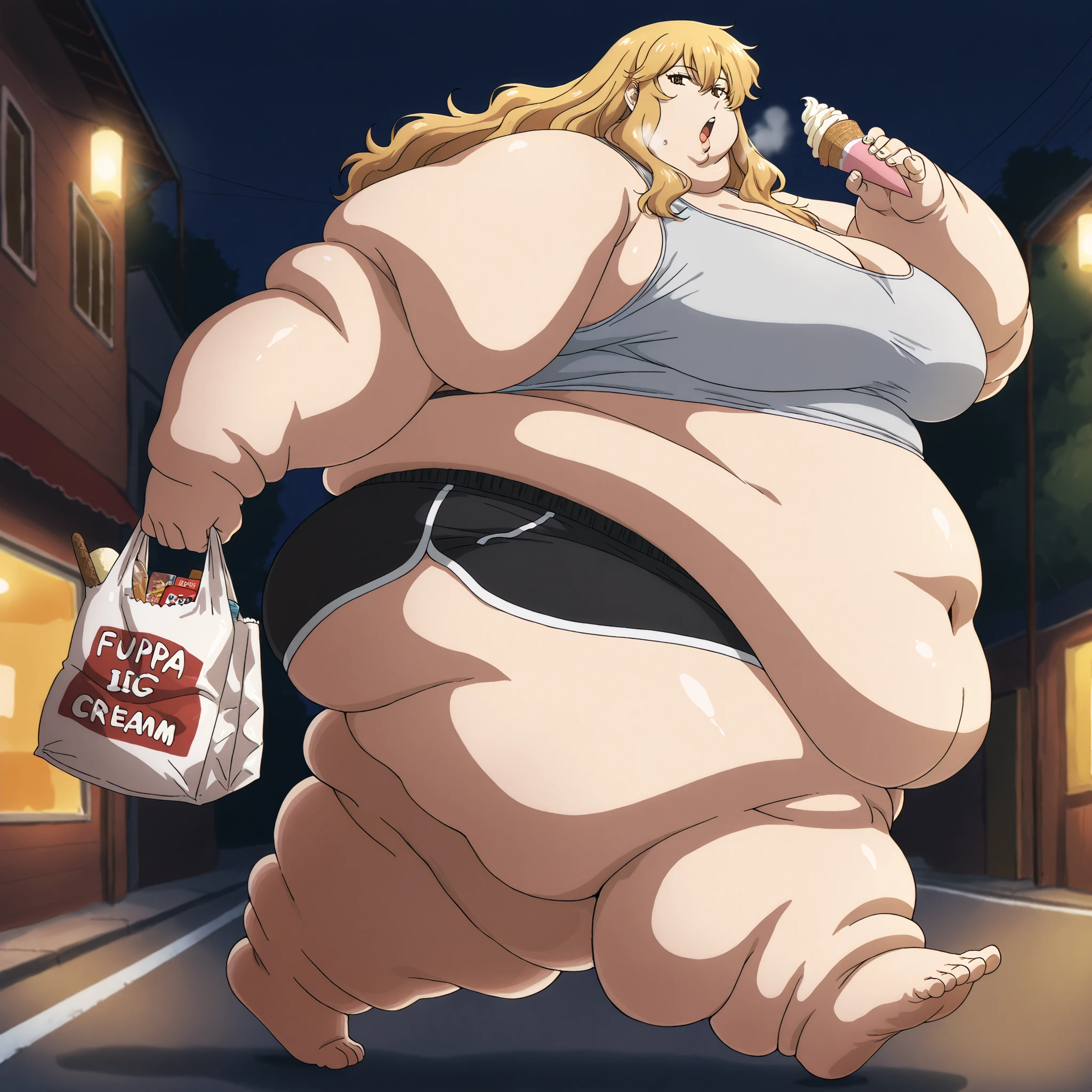 1girl, solo, huge breasts, upper body, looking at viewer, gina, long hair, blonde hair, brown eyes, sidelocks, wavy hair, hair between eyes, anime coloring,large breasts, tank top, midriff, dolphin shorts, sandels, walking, outside, night, eating ice cream, holding bags of food and snacks, fat, chubby, obese, fat neck, multiple chins, big breasts open mouth, out of breath, Larger female, full body shot, only head, large head, oversized limbs, large hands, large feet, oversized feet, oversized fingers, big lips, plump lips, fat face, fupa, big fupa, fat fupa, side view
