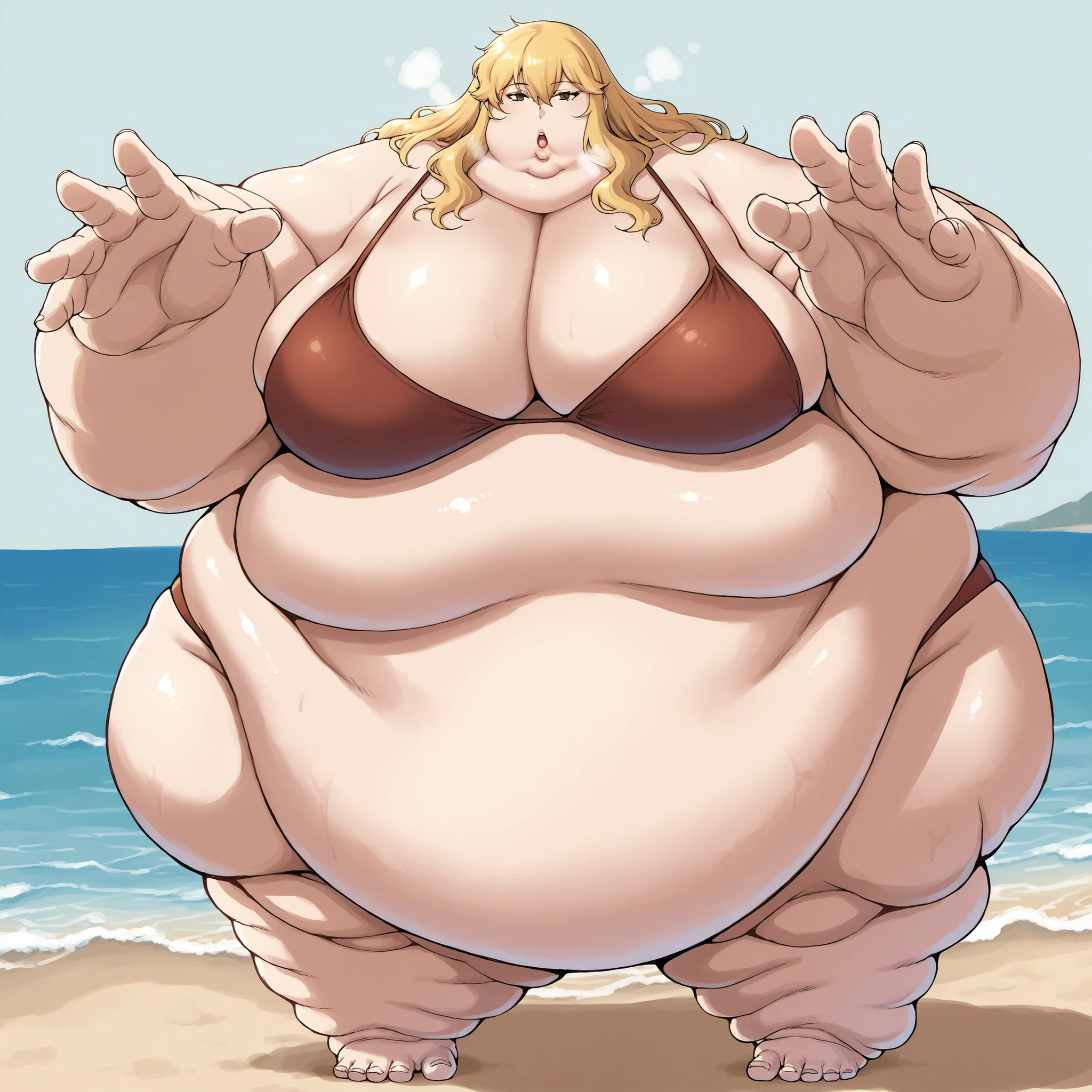 1girl, solo, huge breasts, upper body, looking at viewer, gina, long hair, blonde hair, brown eyes, sidelocks, wavy hair, hair between eyes, bikini, beach, fat, chubby, obese, fat neck, multiple chins, big breasts open mouth, out of breath, Larger female, full body shot, only head, large head, oversized limbs, large hands, large feet, oversized feet, oversized fingers, big lips, plump lips, fat face, fupa, big fupa, fat fupa,